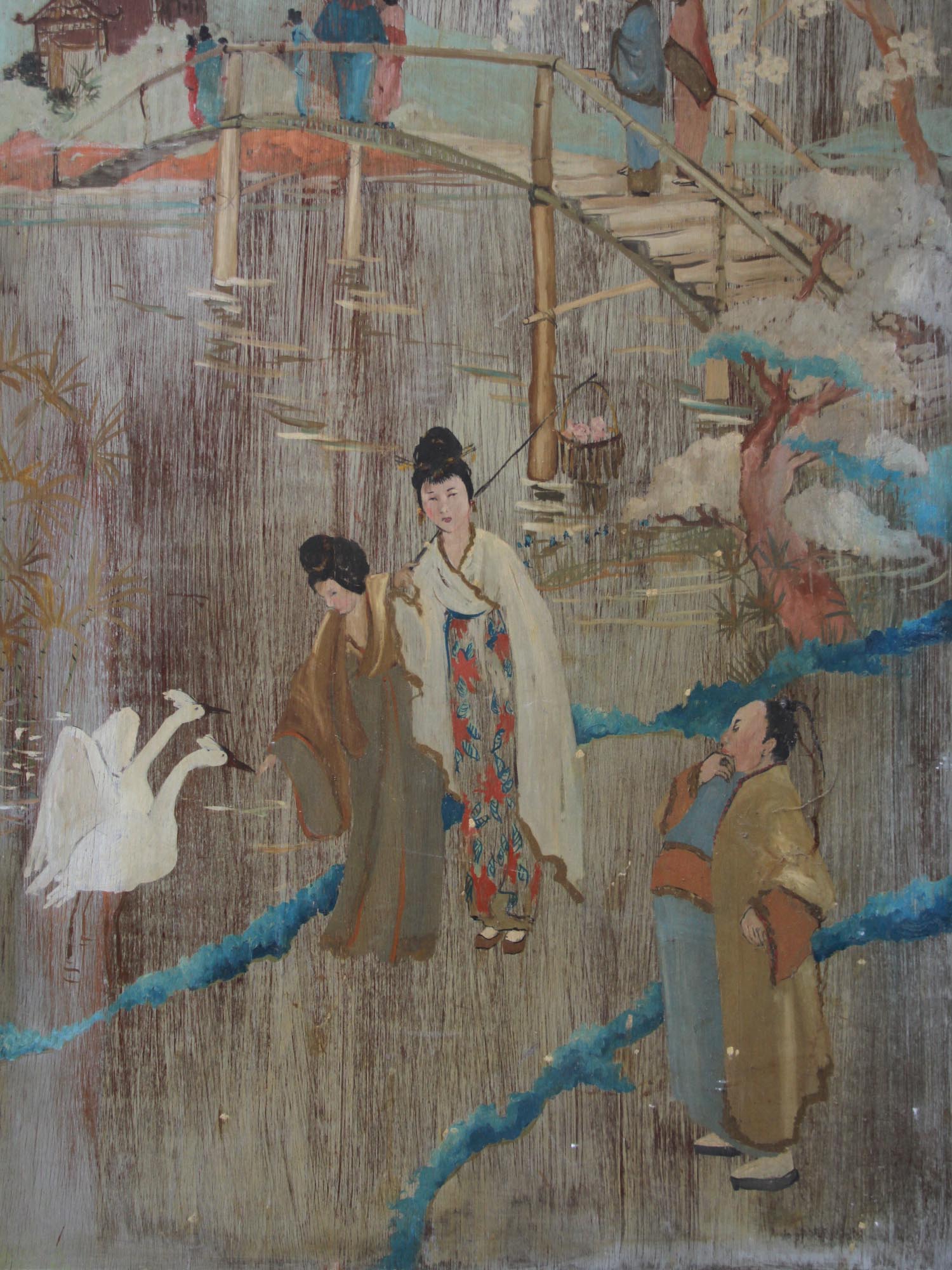 A LARGE VINTAGE CHINESE PAINTING ON A WOOD BOARD PIC-2