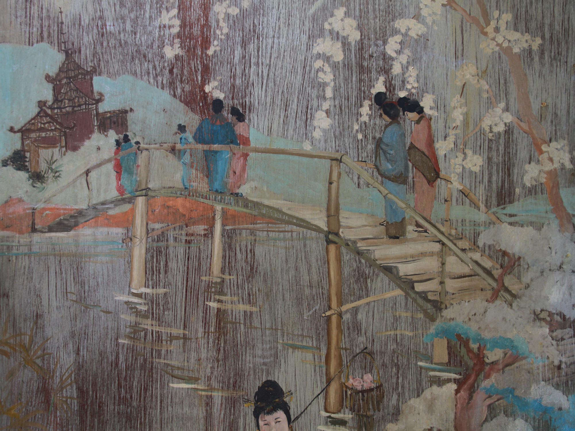 A LARGE VINTAGE CHINESE PAINTING ON A WOOD BOARD PIC-1