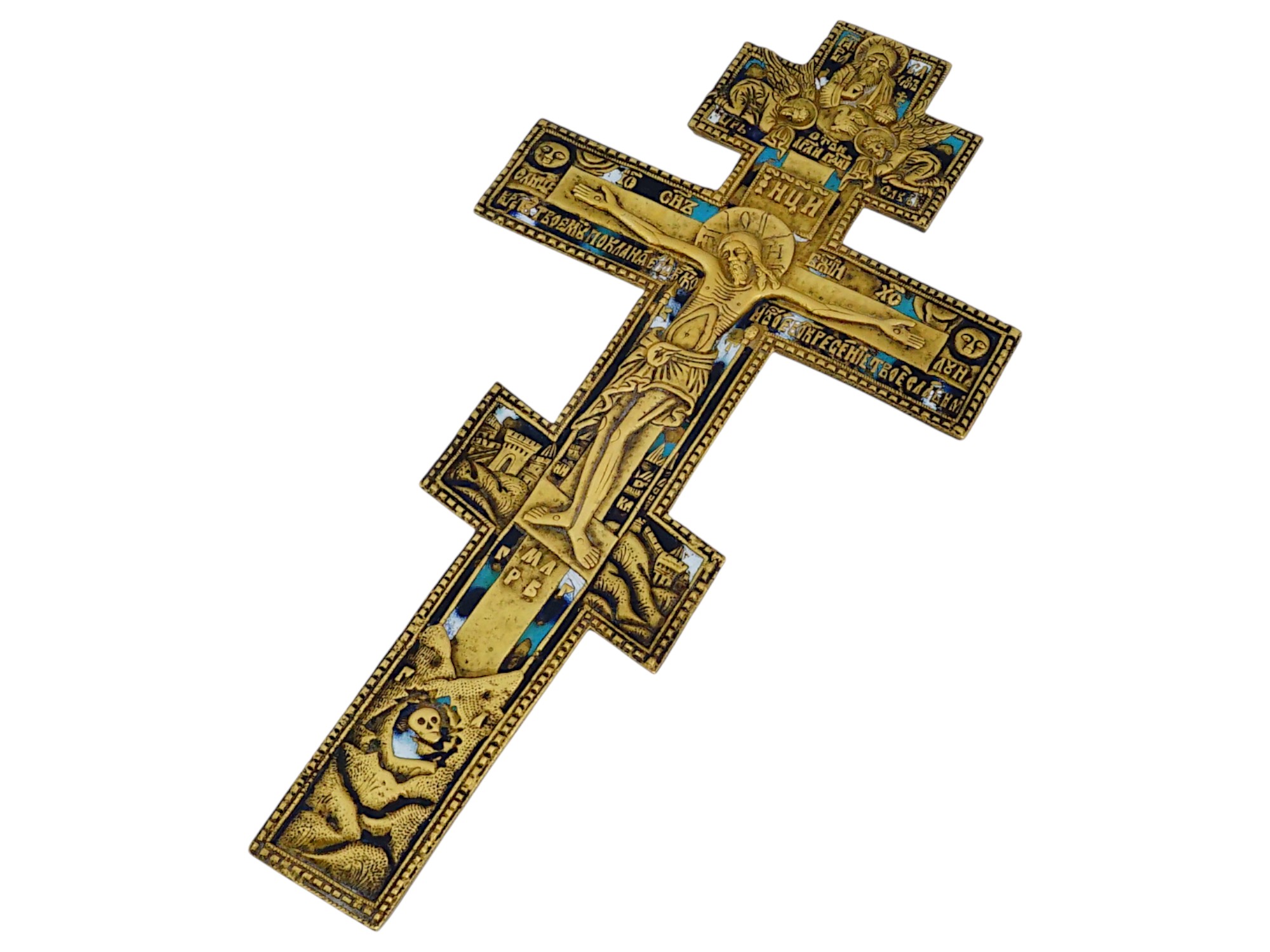 19TH C RUSSIAN ORTHODOX BRONZE ENAMEL CRUCIFIX CROSS PIC-2