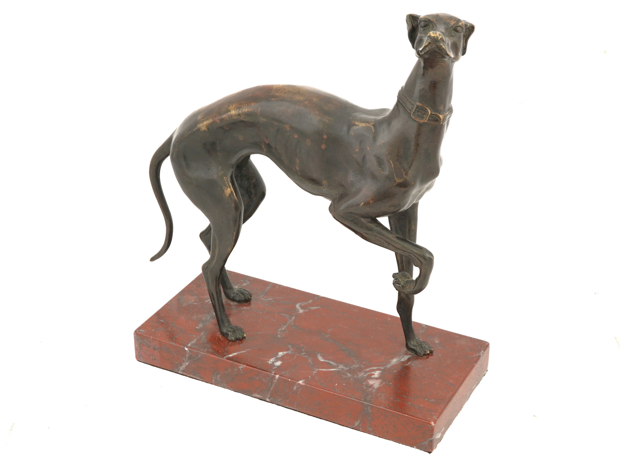 ANTIQUE CAST BRONZE DOG FIGURE ON MARBLE BASE PIC-