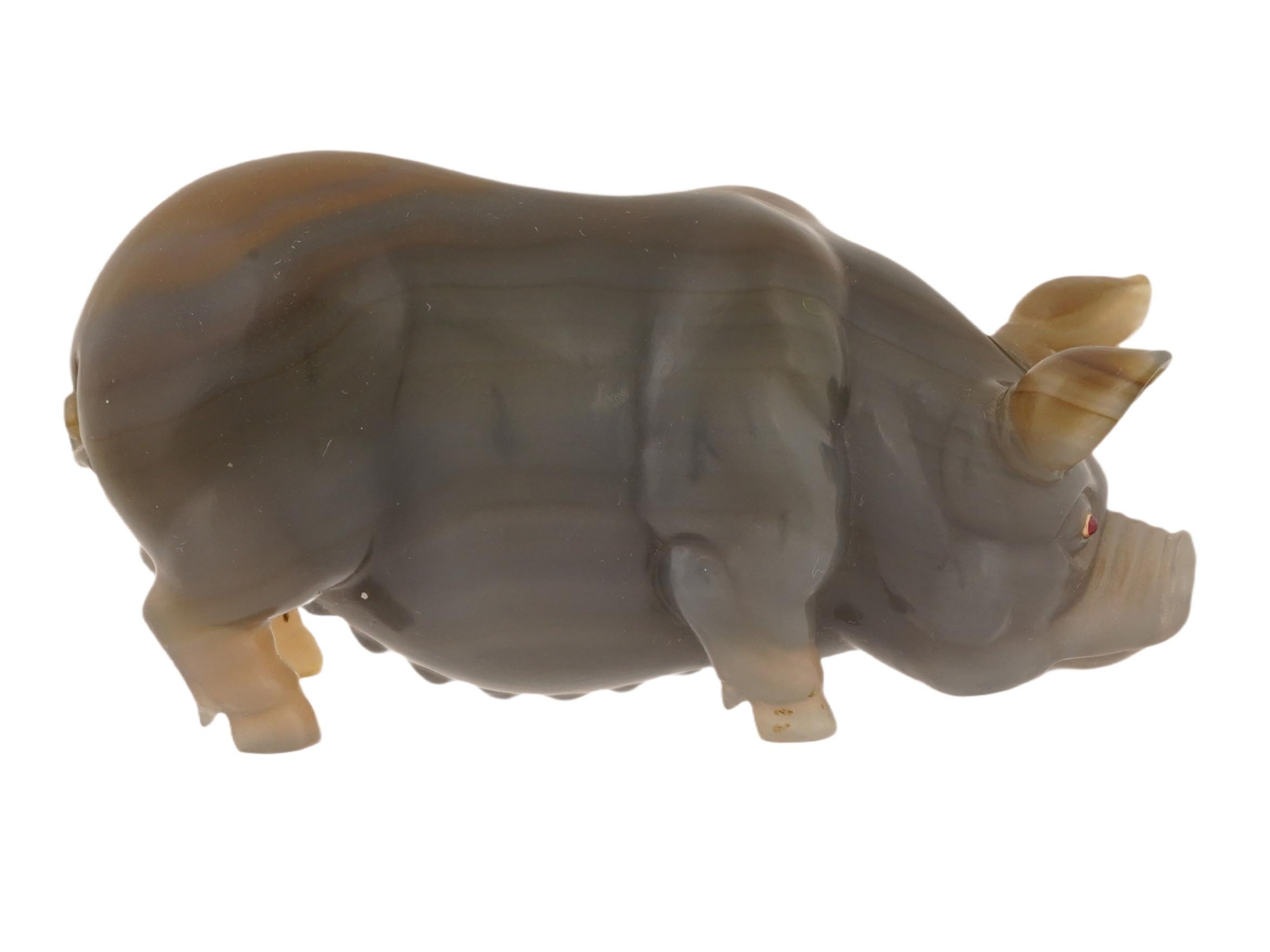 RUSSIAN CARVED AGATE PIG FIGURINE W GOLD AND RUBY EYES PIC-4