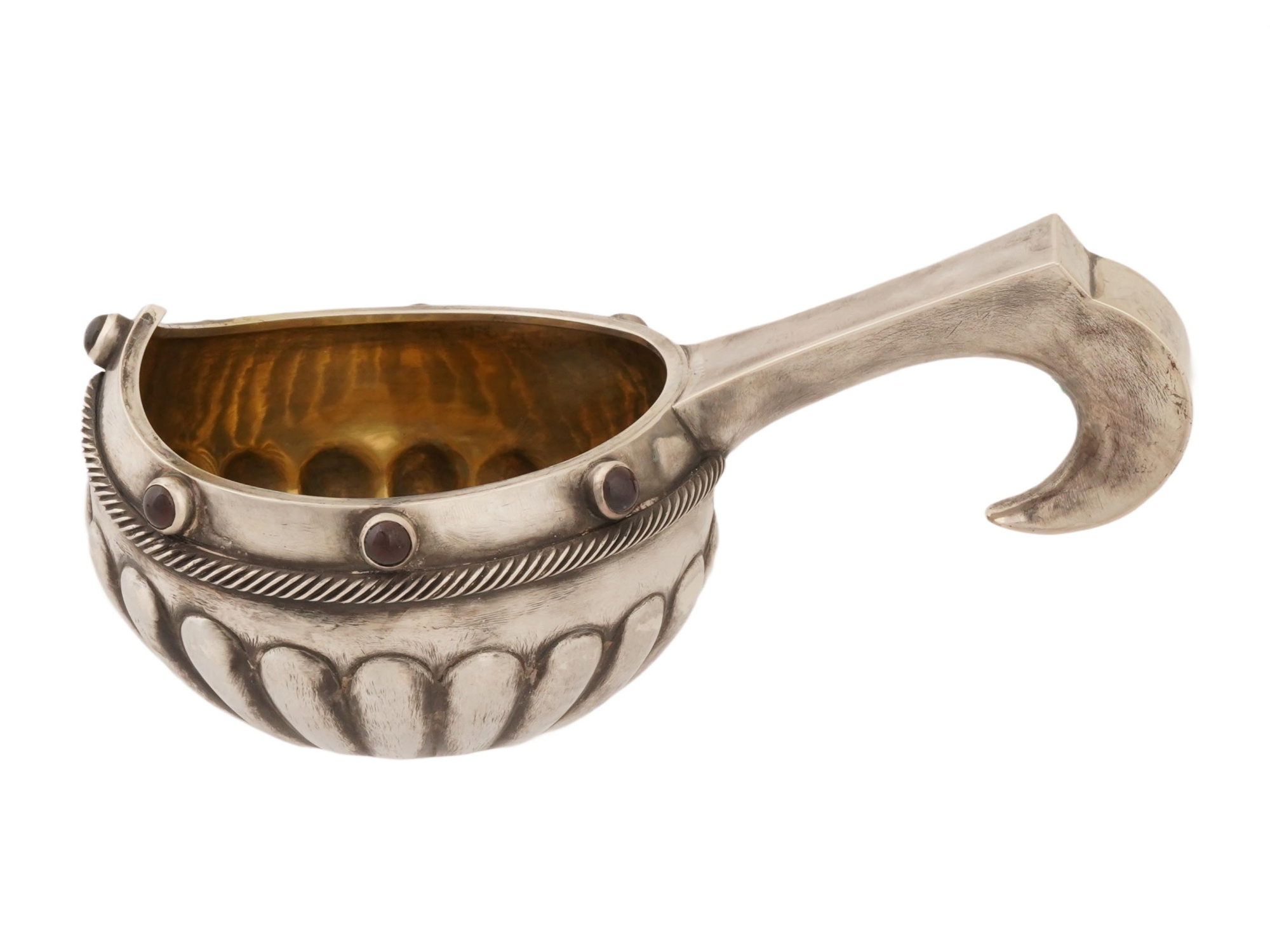 RUSSIAN SILVER TRADITIONAL KOVSH W GEMSTONES ON BORDER PIC-