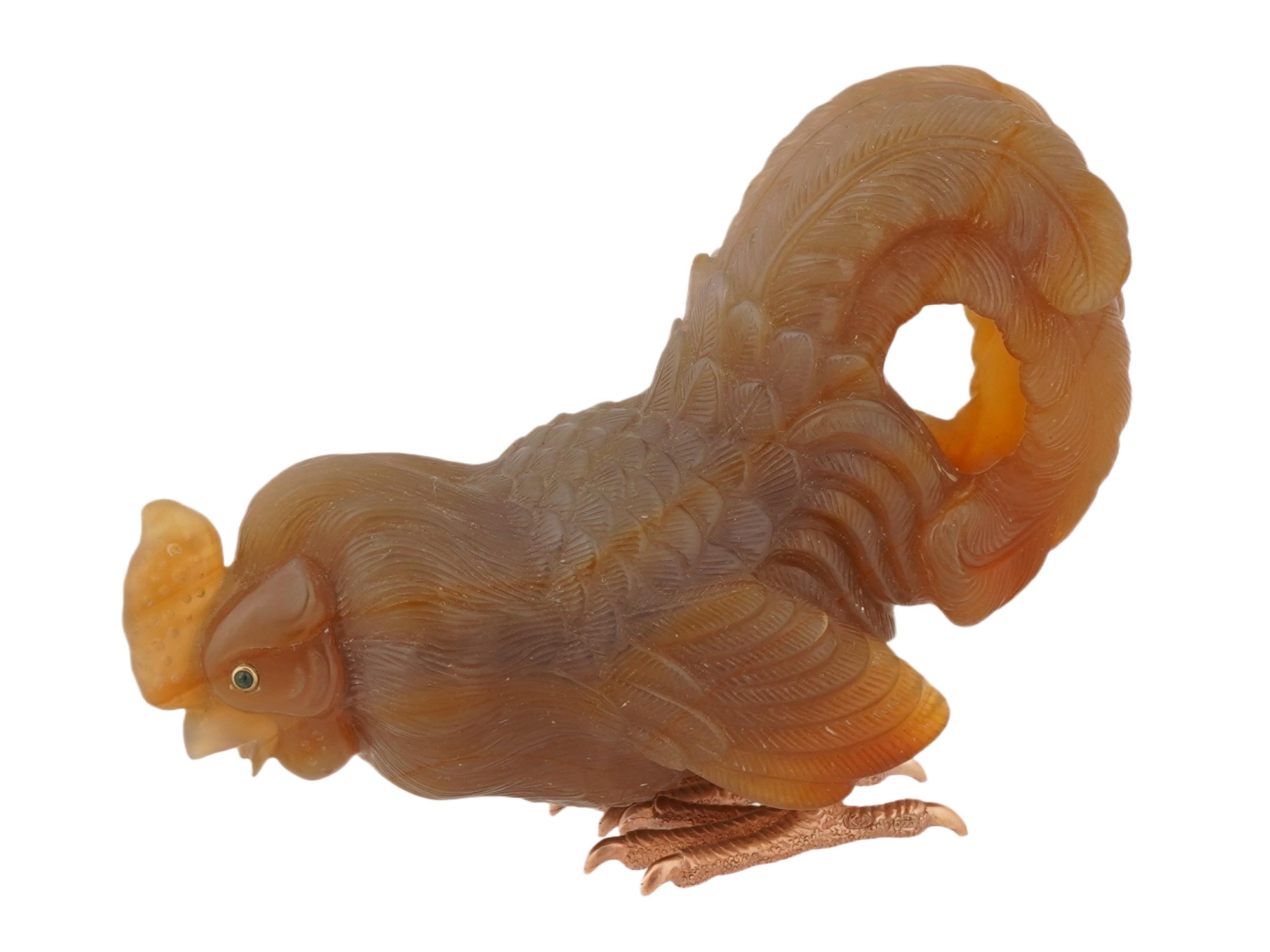 RUSSIAN CARVED AGATE GOLD EMERALD ROOSTER FIGURINE PIC-1