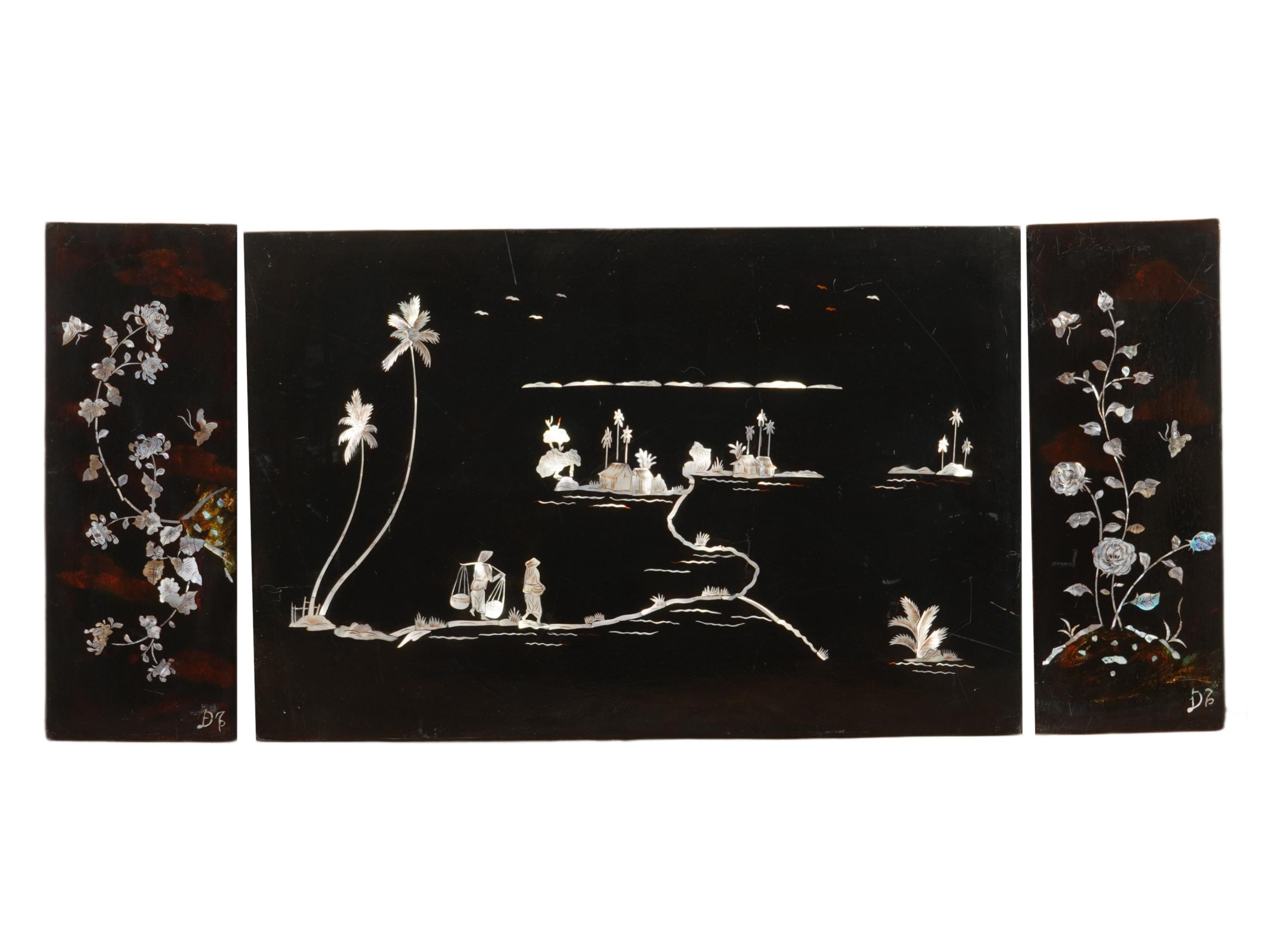 VINTAGE CHINESE WOOD AND MOTHER OF PEARL WALL PANEL PIC-