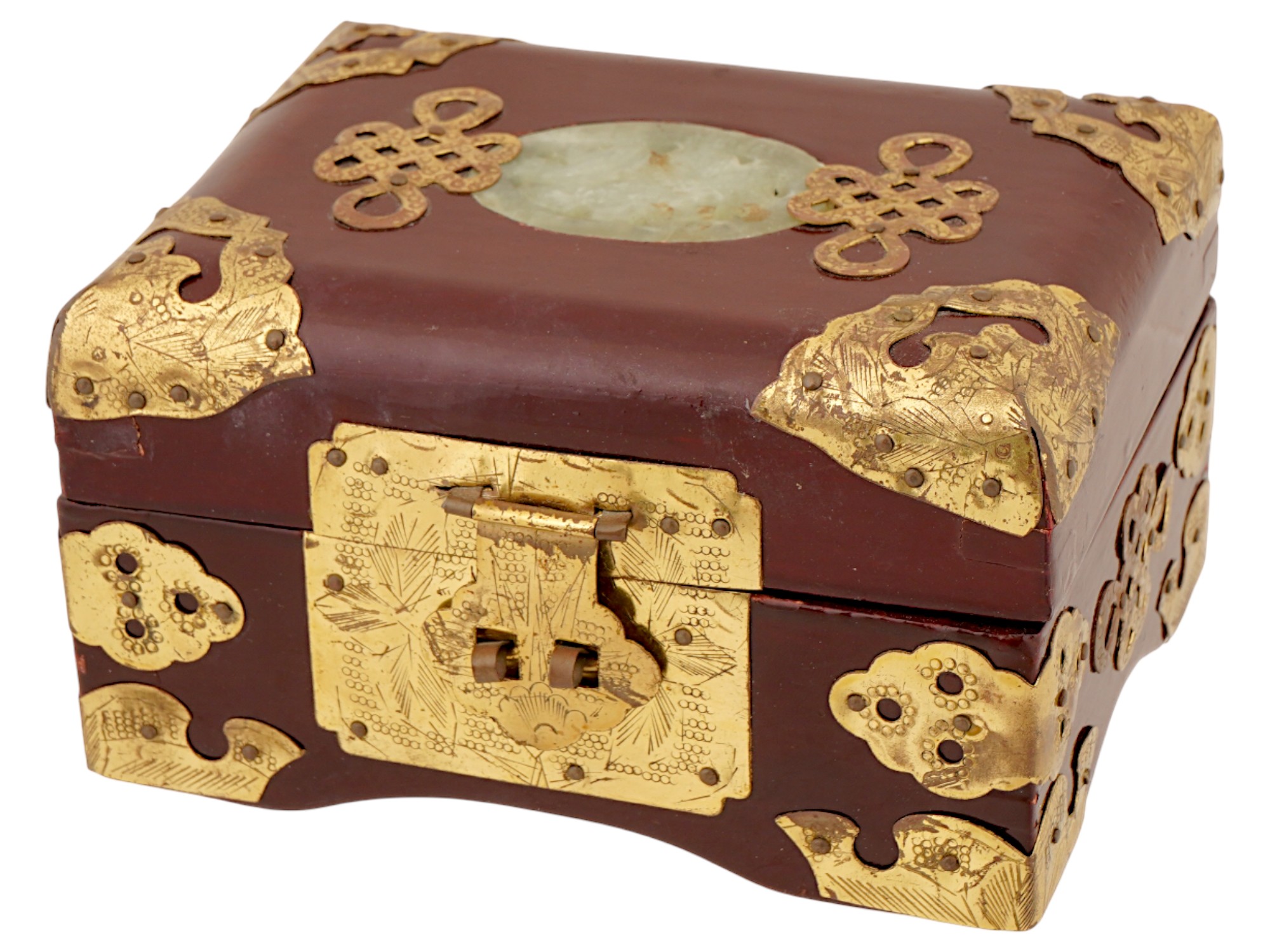 CHINESE BRASS AND JADE STONE WOODEN JEWELLERY BOX PIC-