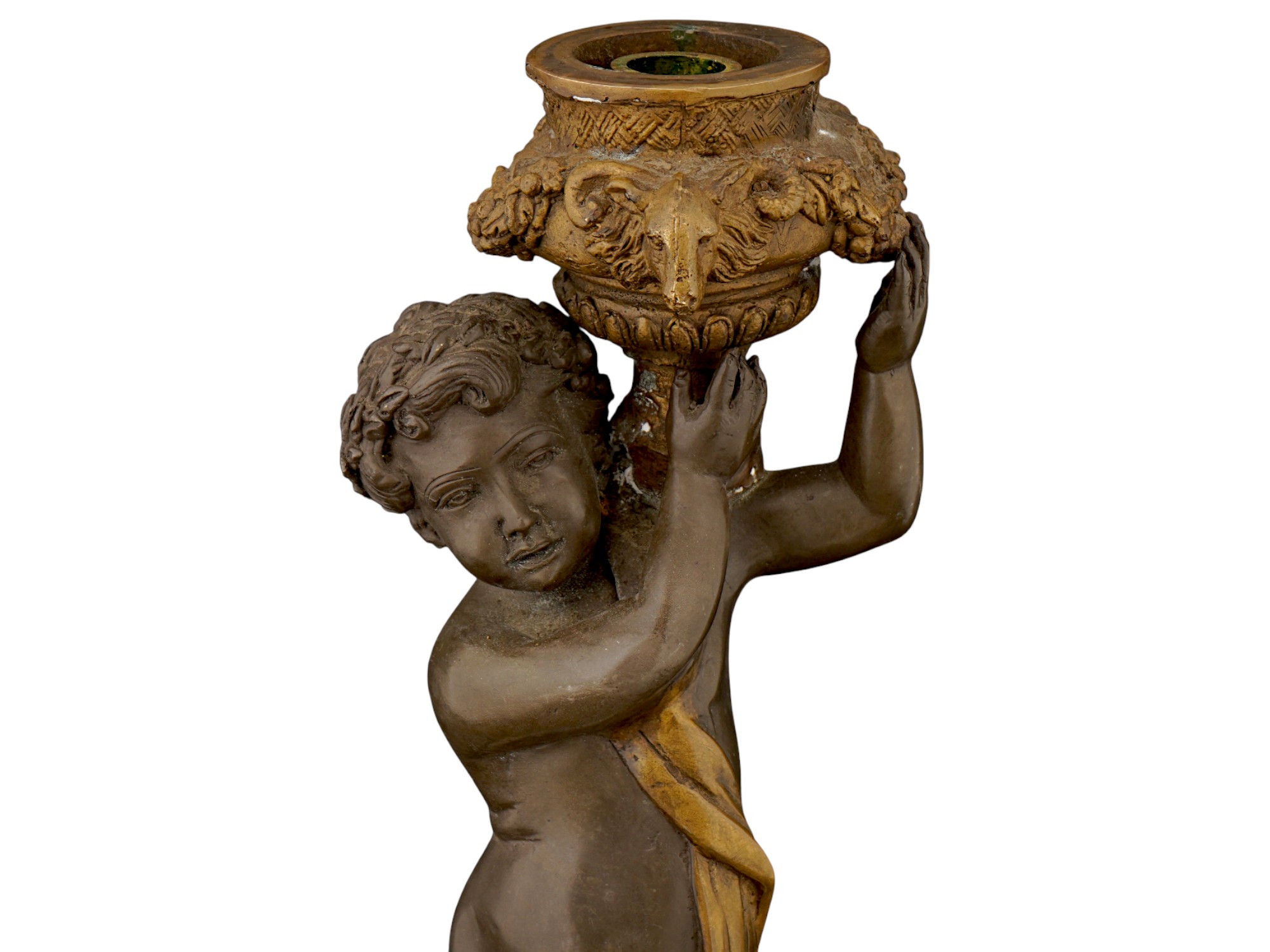 ANTIQUE BRONZE FIGURAL PUTTO CANDLE HOLDER W STONE BASE PIC-6