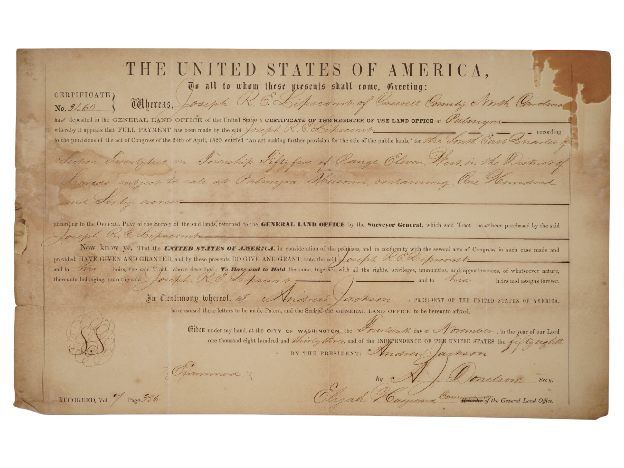 PRESIDENT ANDREW JACKSON SIGNED 1833 LAND GRANT PIC-