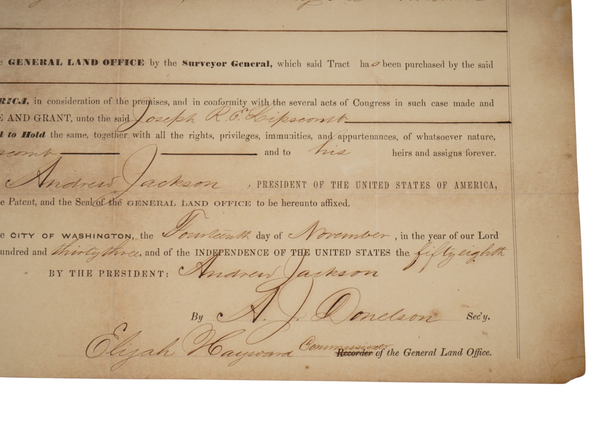 PRESIDENT ANDREW JACKSON SIGNED 1833 LAND GRANT PIC-2
