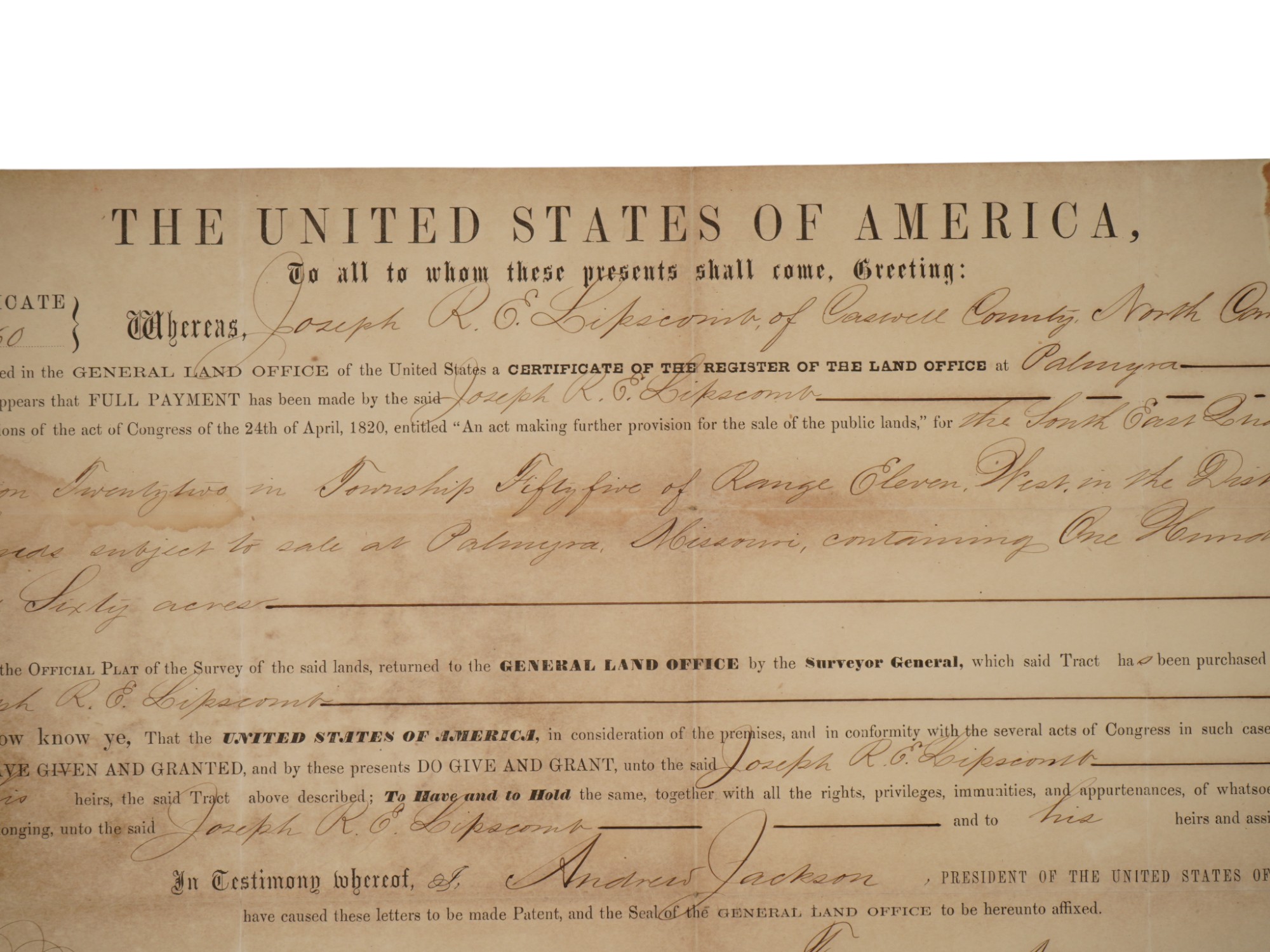 PRESIDENT ANDREW JACKSON SIGNED 1833 LAND GRANT PIC-4