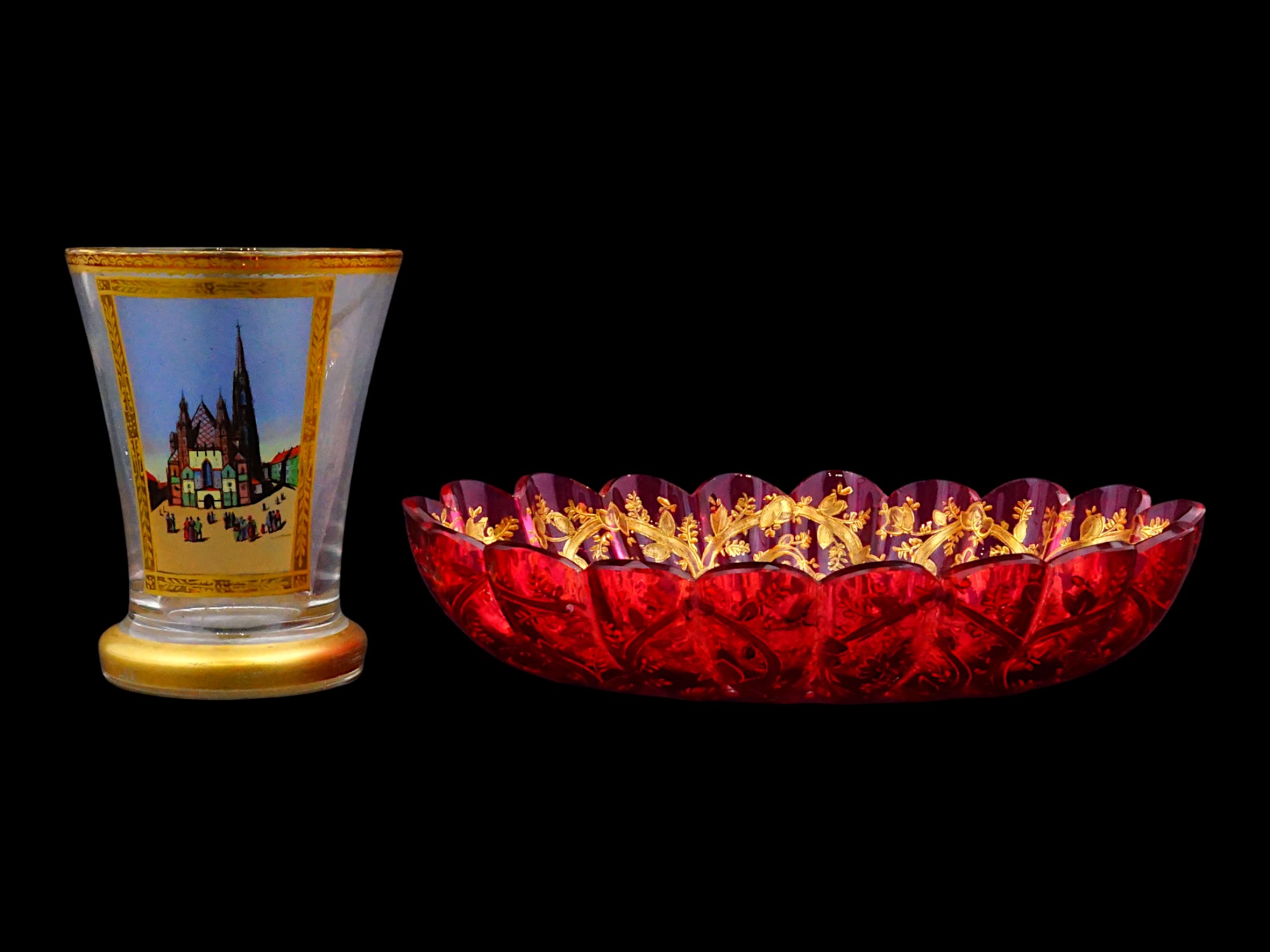 AUSTRIAN PAINTED GLASS AND RUBY GLASS CANDY DISH PIC-
