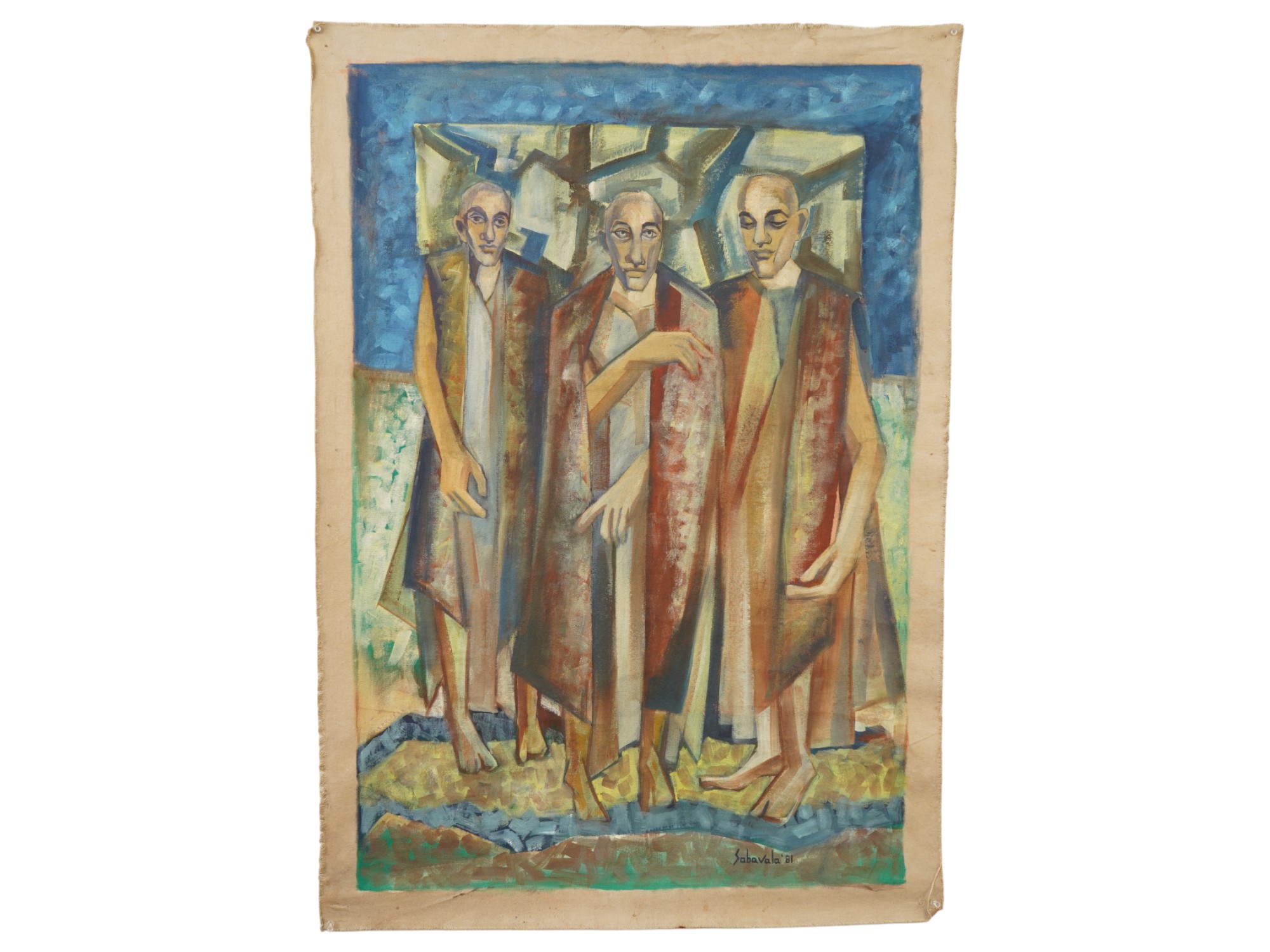 INDIAN SCHOOL MEN OIL PAINTING SIGNED SABAVALA PIC-