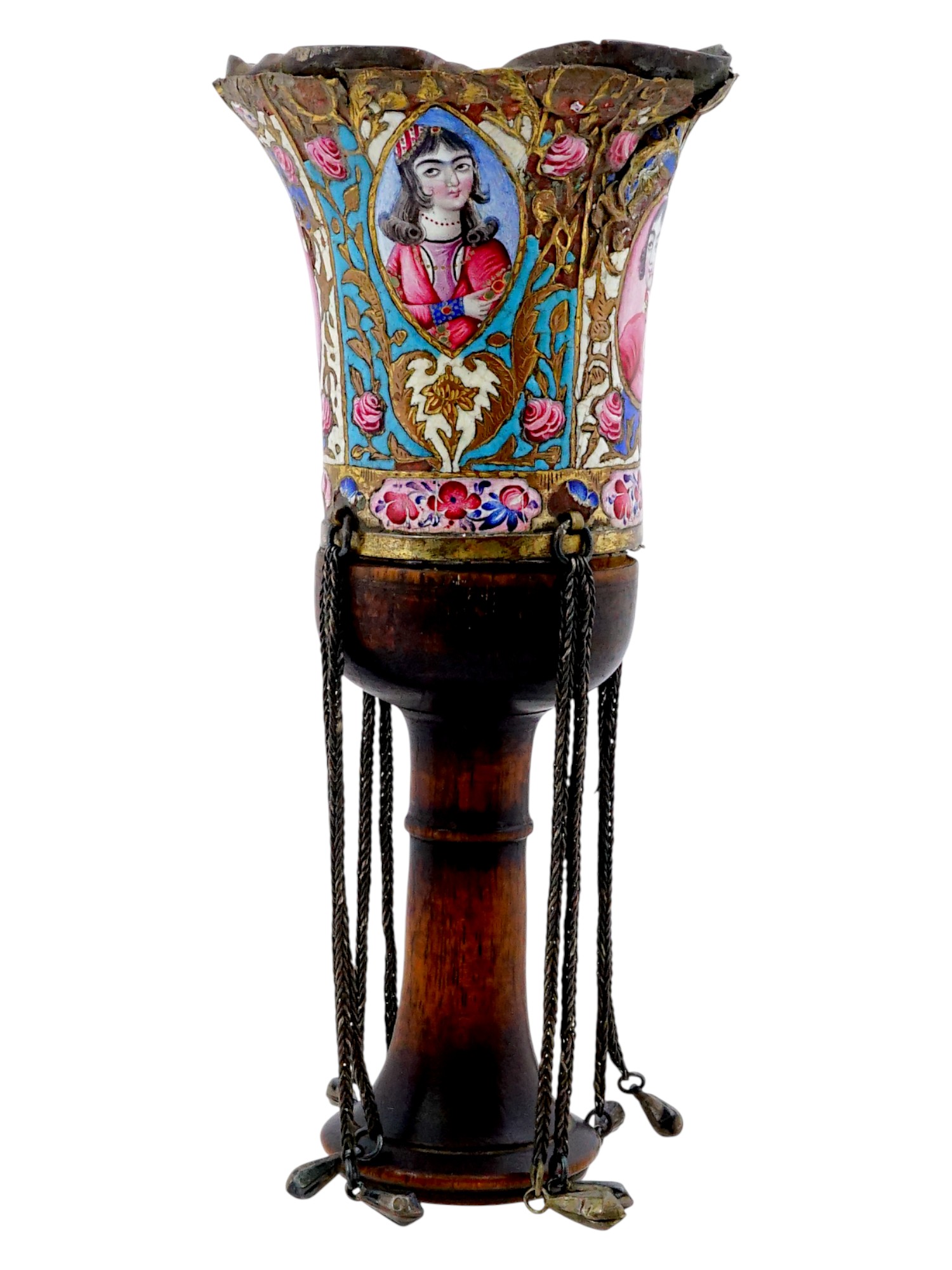 19TH CEN PERSIAN QAJAR EMPIRE HAND ENAMEL HOOKAH TOP PIC-3