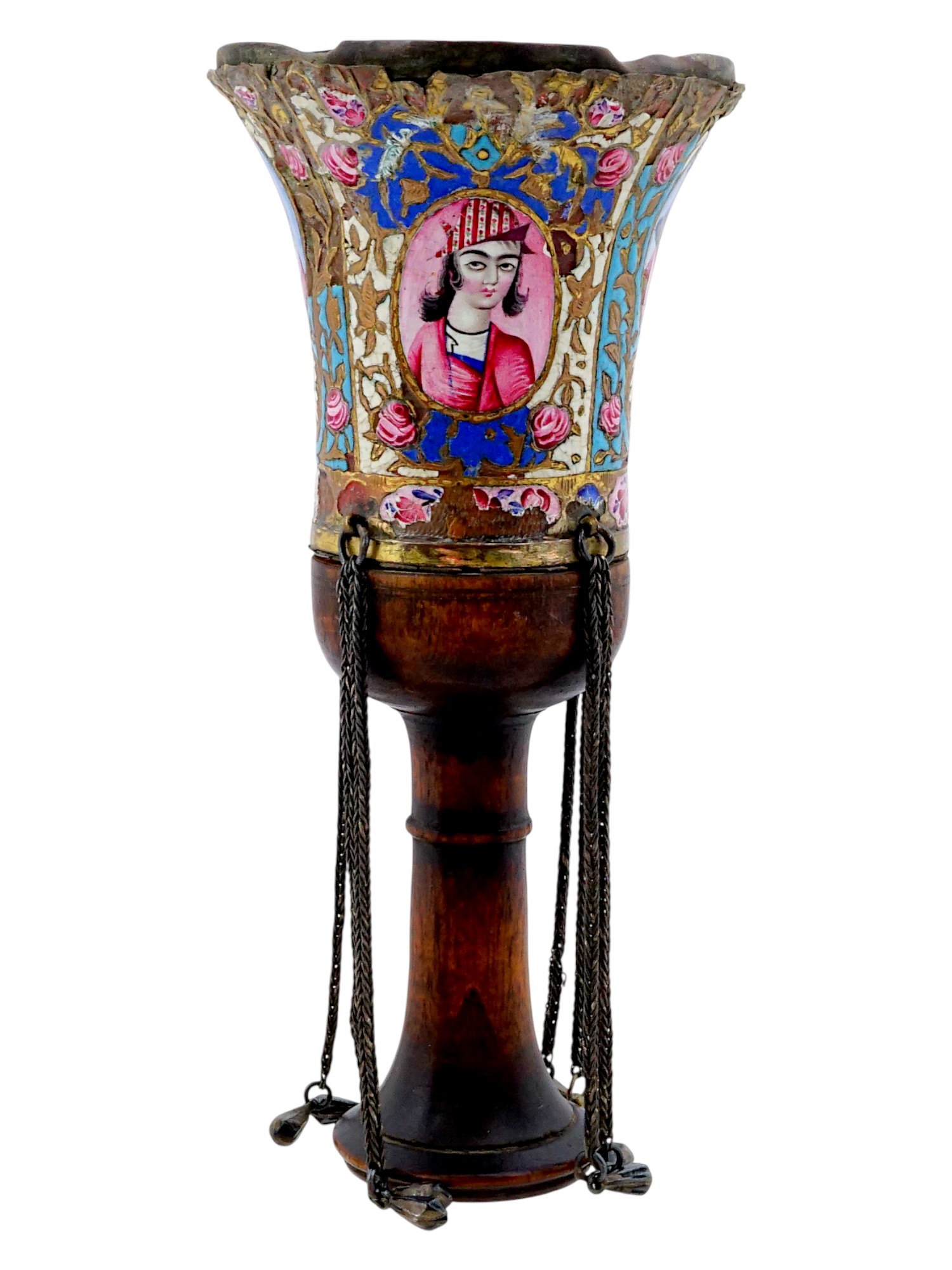 19TH CEN PERSIAN QAJAR EMPIRE HAND ENAMEL HOOKAH TOP PIC-4