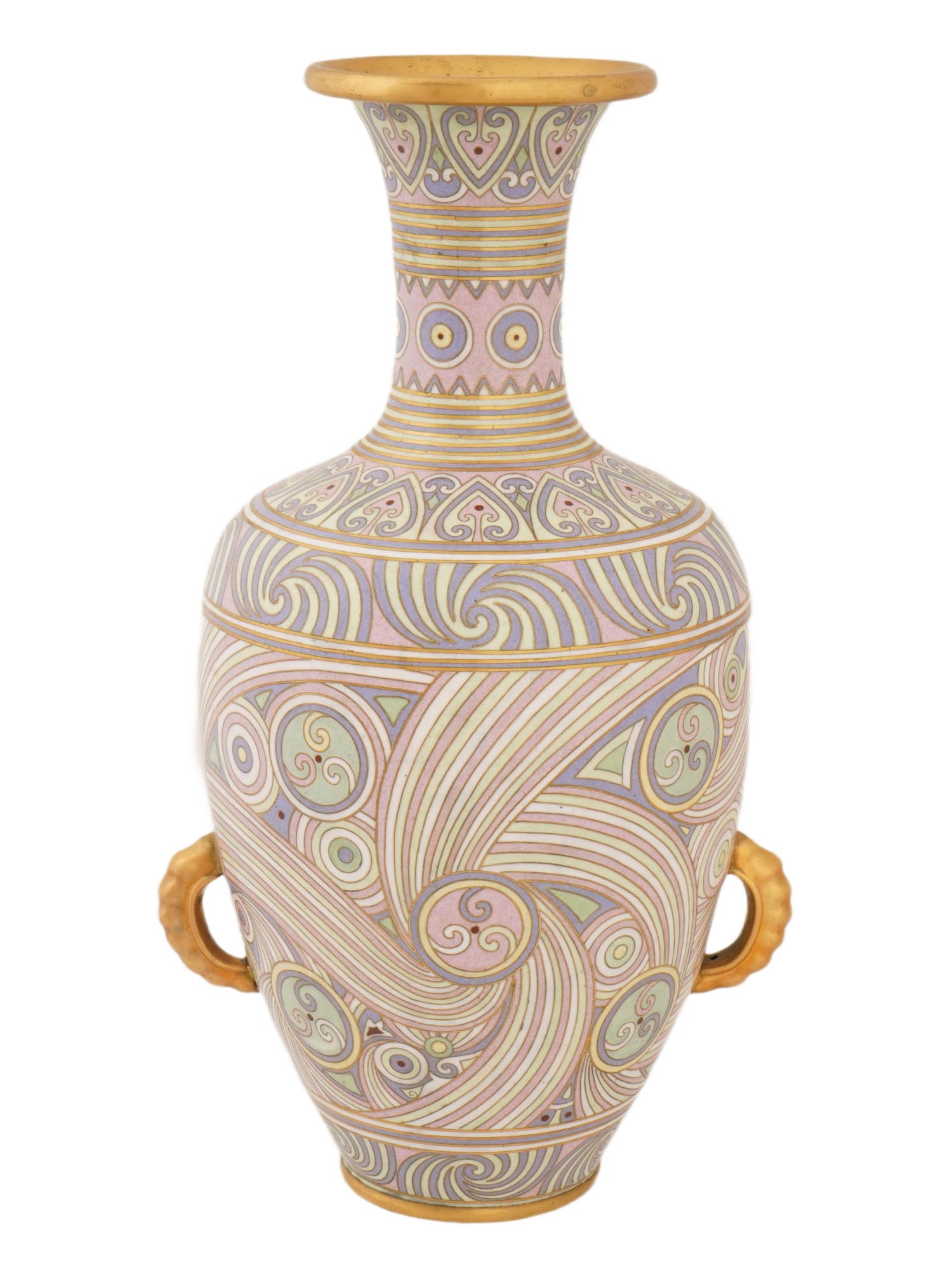 JAPANESE SWIRL DESIGN CLOISONNE ENAMEL VASE W HANDLES PIC-3