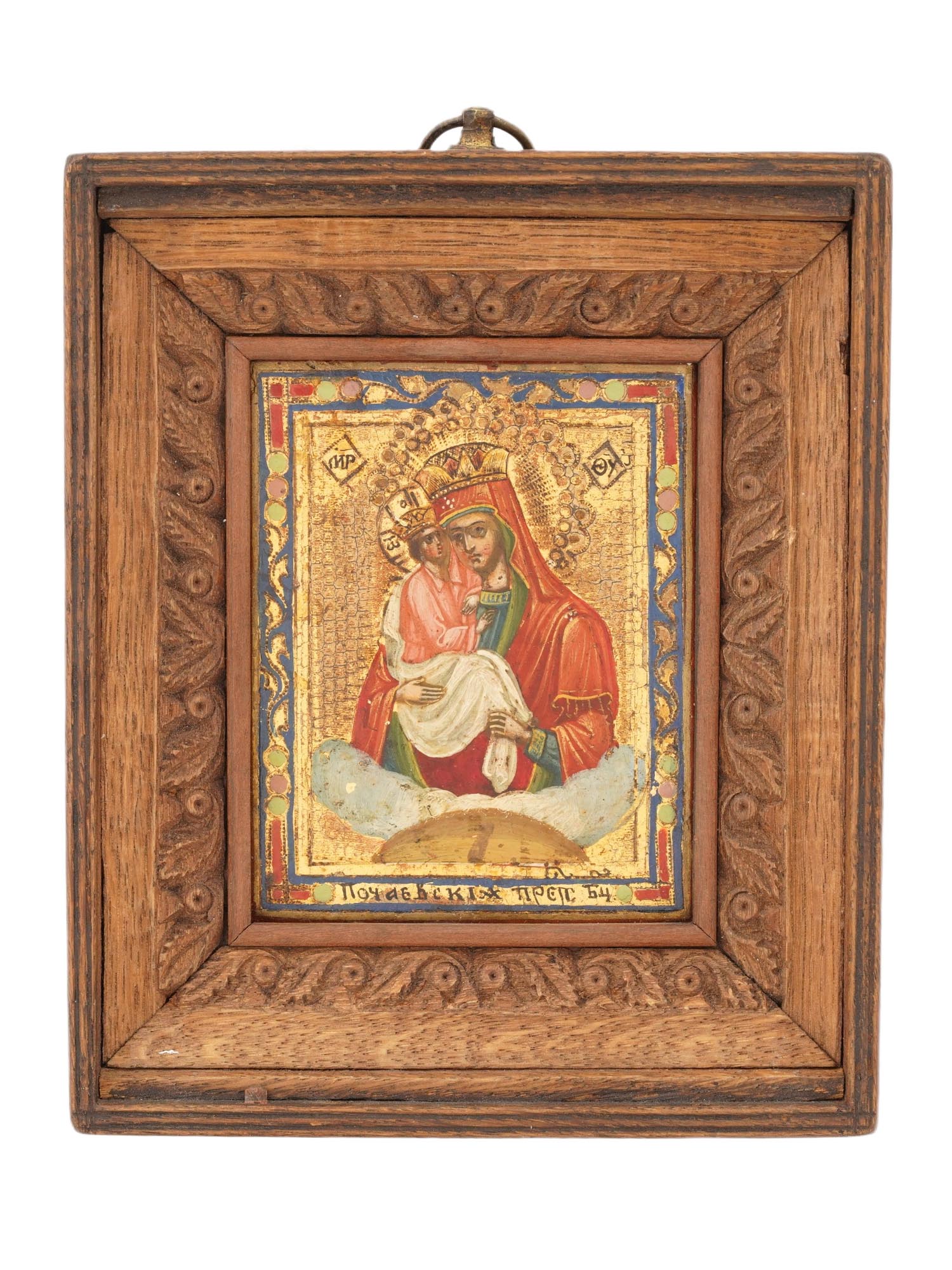 ANTIQUE THEOTOKOS OF POCHAYIV ICON IN CARVED WOOD FRAME PIC-