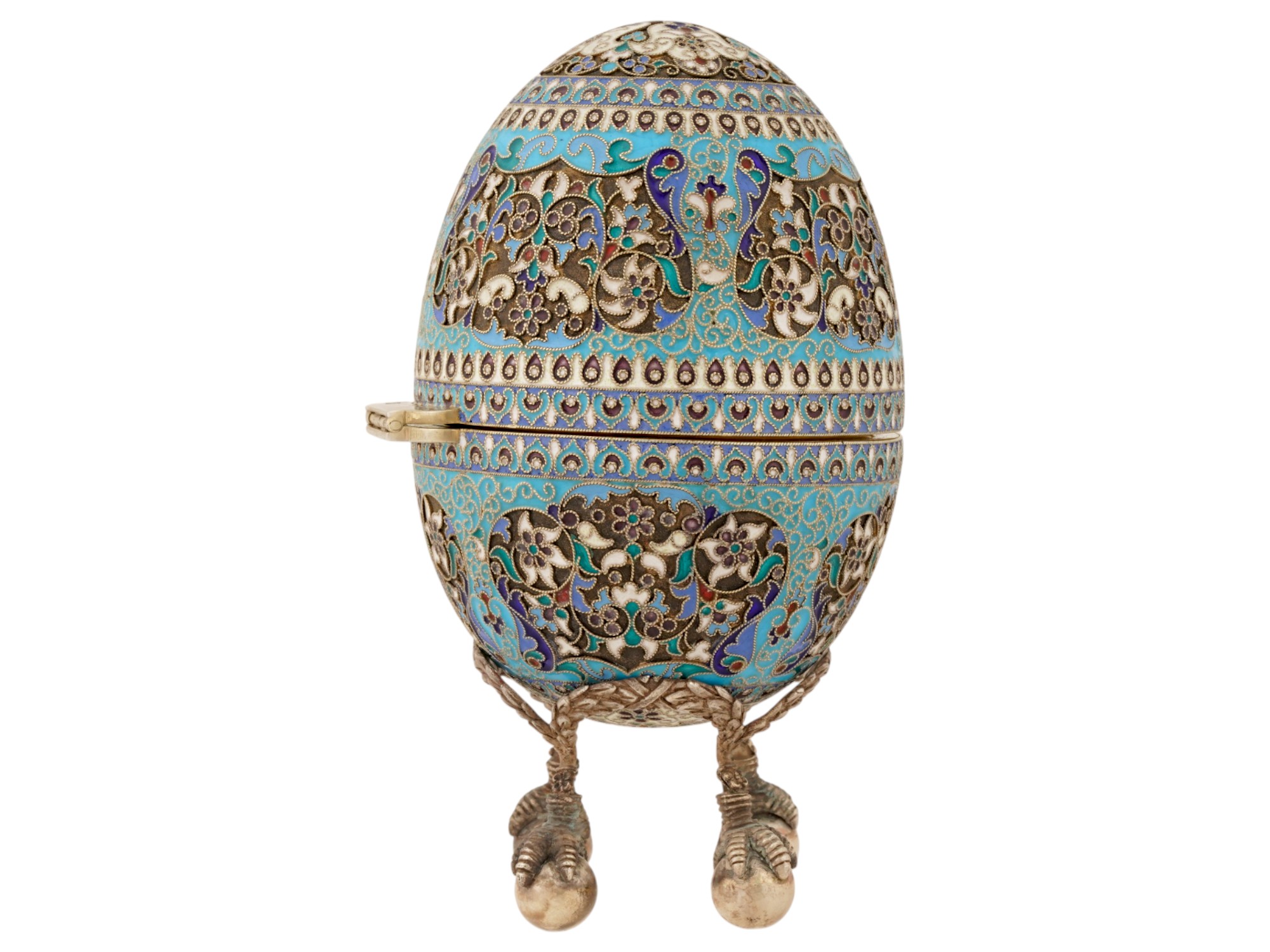 LARGE RUSSIAN SILVER CLOISONNE ENAMEL EASTER EGG PIC-