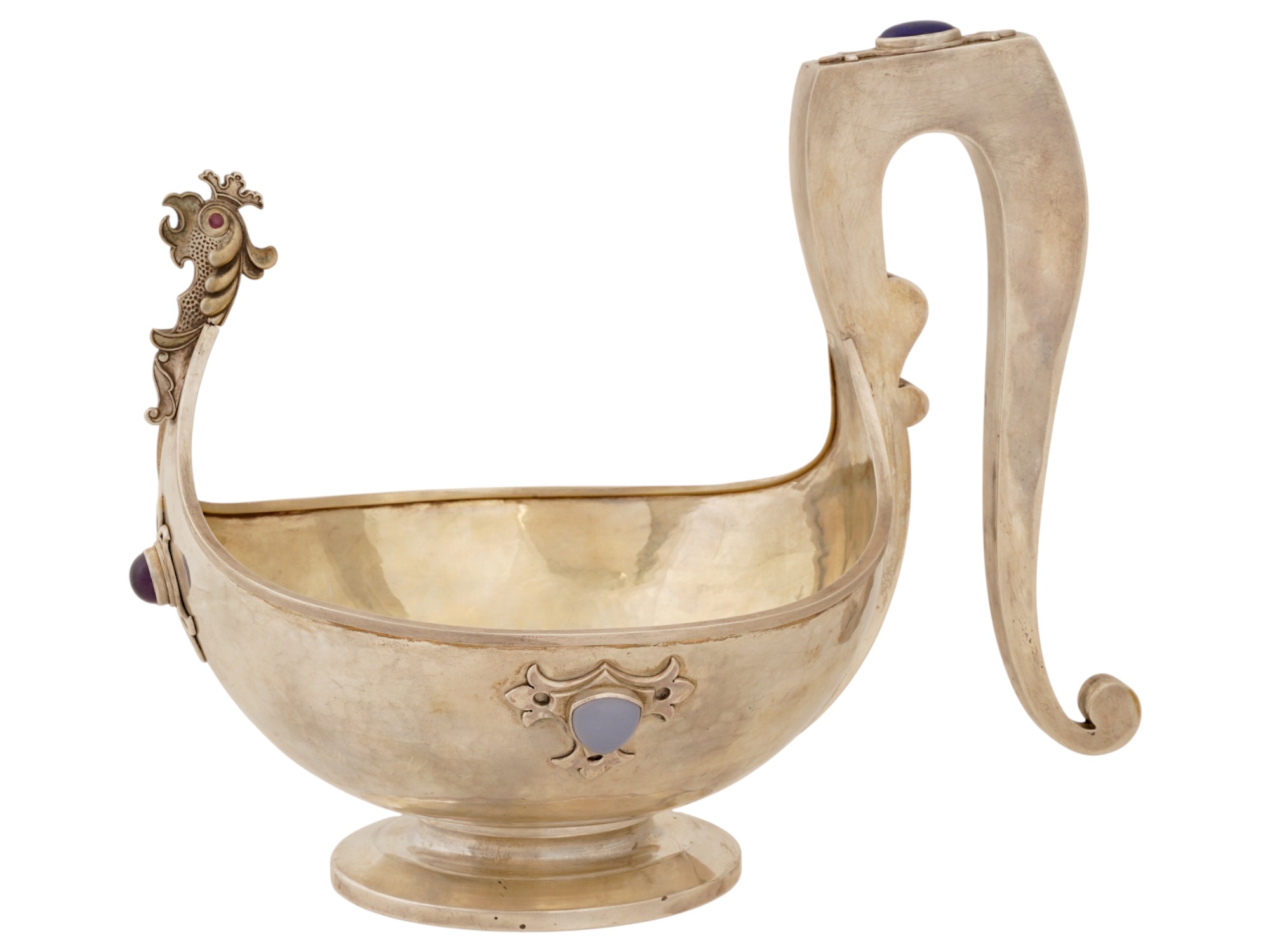 LARGE RUSSIAN SILVER GEMSTONES RUBY EYES ROOSTER KOVSH PIC-