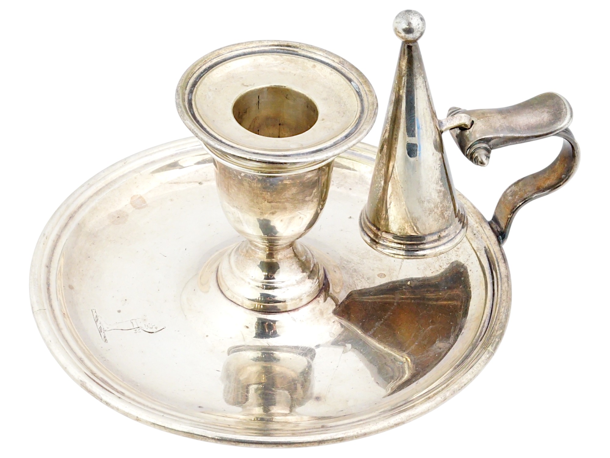 VICTORIAN SHEFFIELD SILVER CANDLESTICK W SNUFFER PIC-