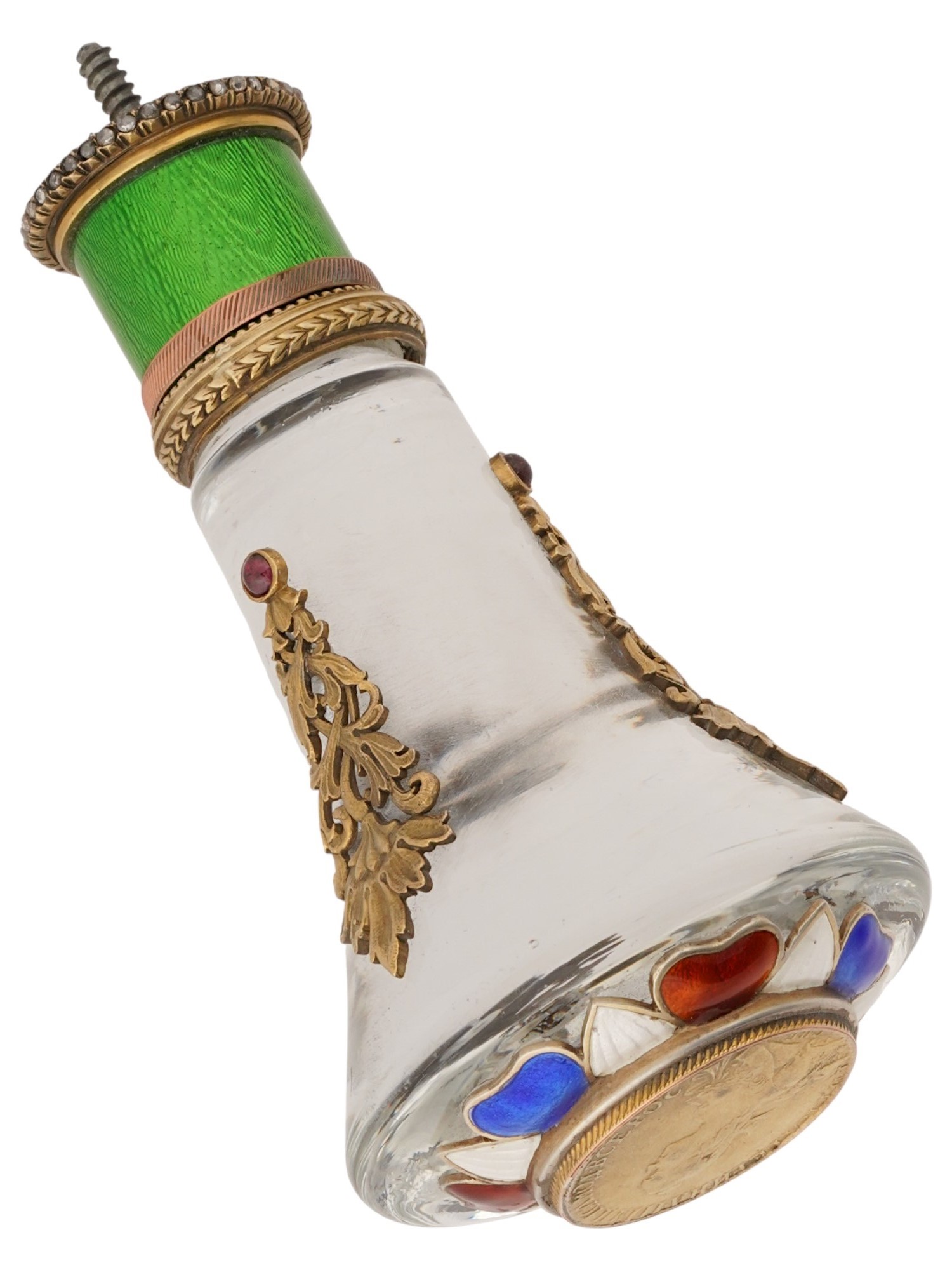 RUSSIAN SILVER ENAMEL DIAMONDS CRYSTAL GLASS HANDLE PIC-