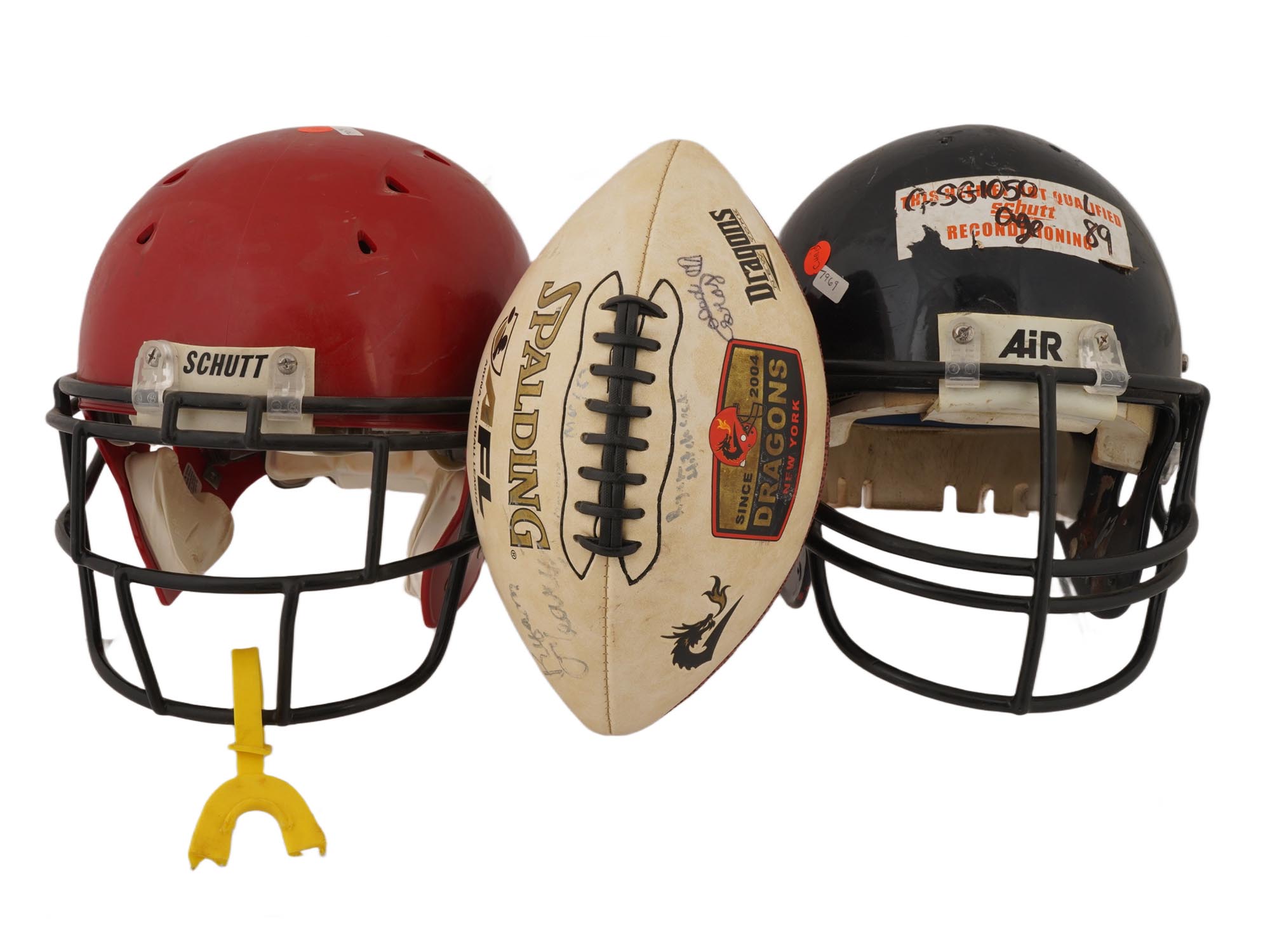 AMERICAN FOOTBALL HELMETS AND AUTOGRAPHED FOOTBALL PIC-
