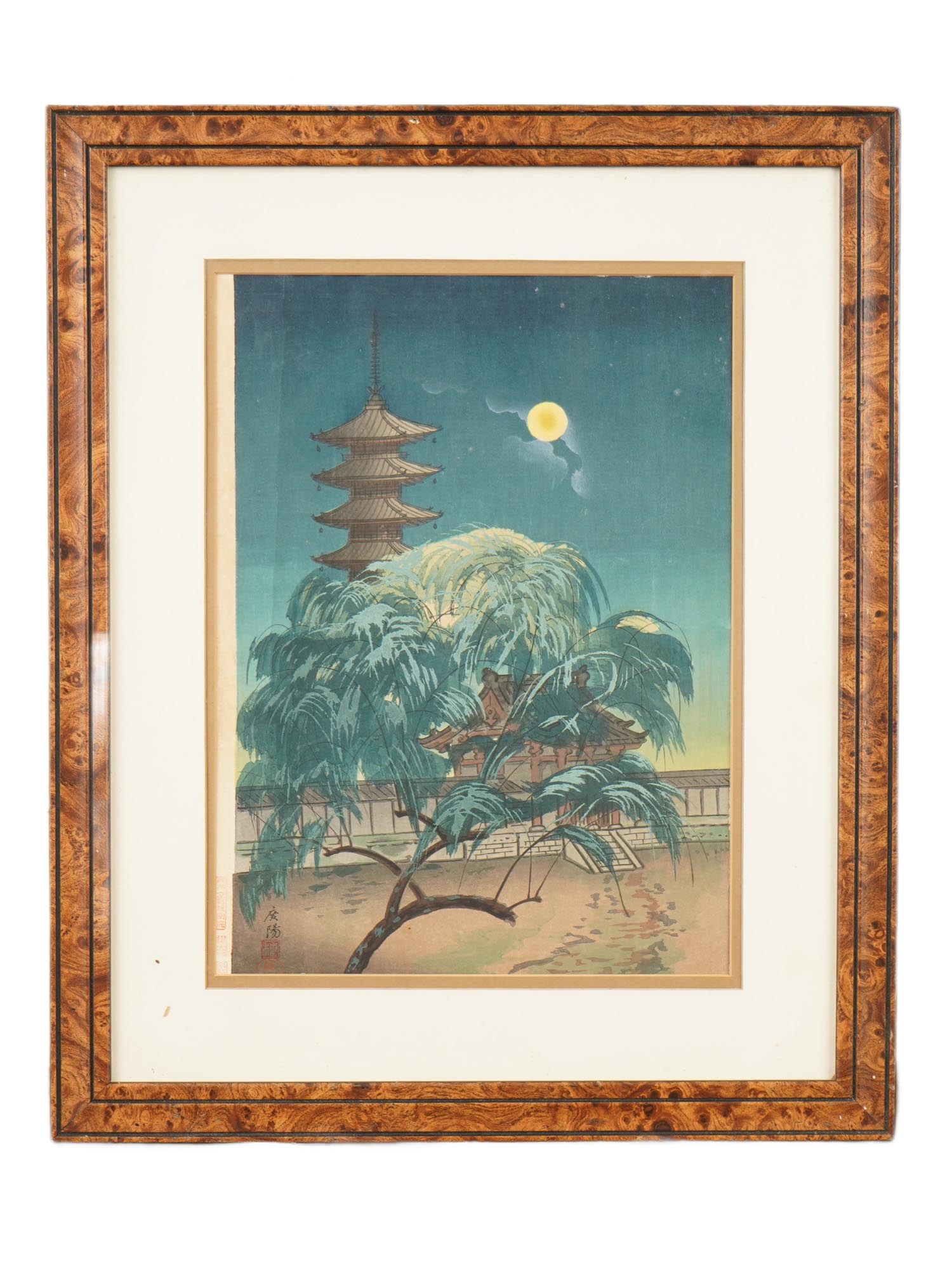 JAPANESE WOODBLOCK BY OMURA KOYO PAGODA IN MOONLIGHT PIC-