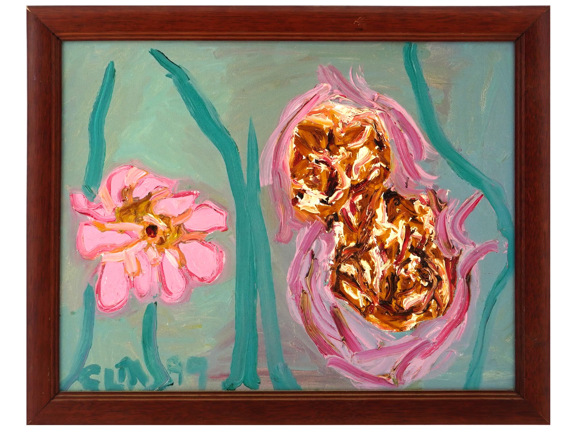 VINTAGE PRIMITIVIST FLOWERS OIL PAINTING 1999 PIC-
