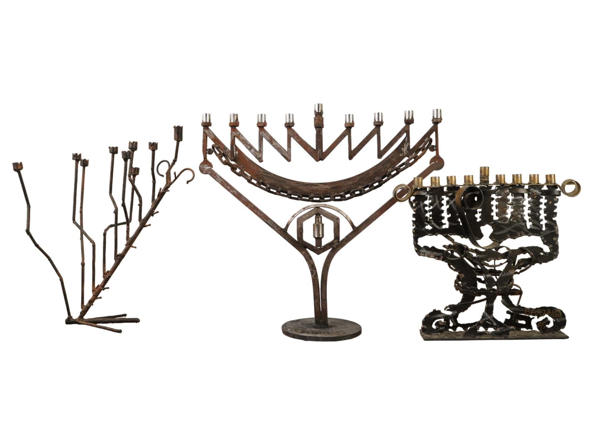 GROUP OF THREE LARGE VINTAGE JUDAICA METAL MENORAHS PIC-