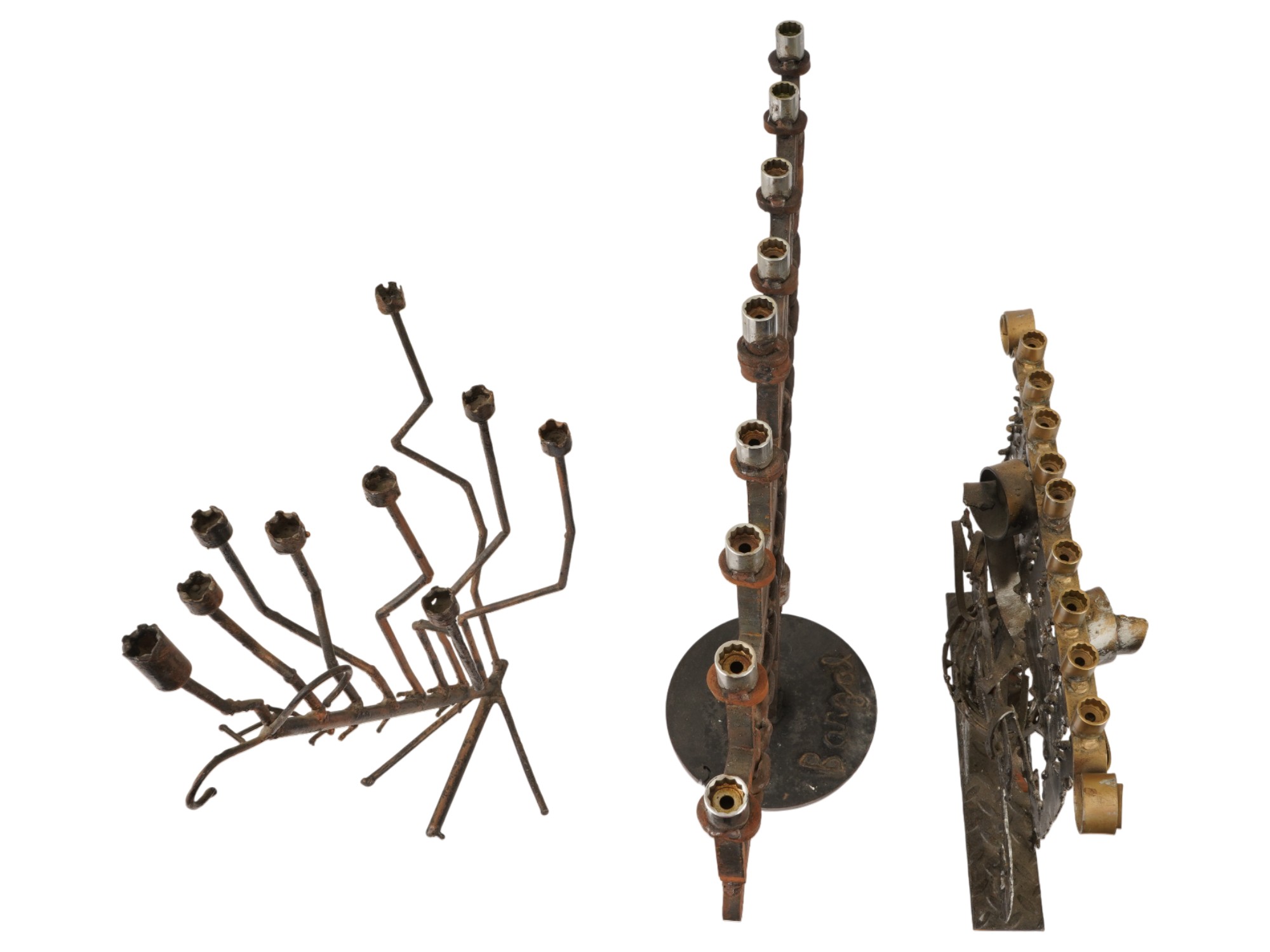 GROUP OF THREE LARGE VINTAGE JUDAICA METAL MENORAHS PIC-5