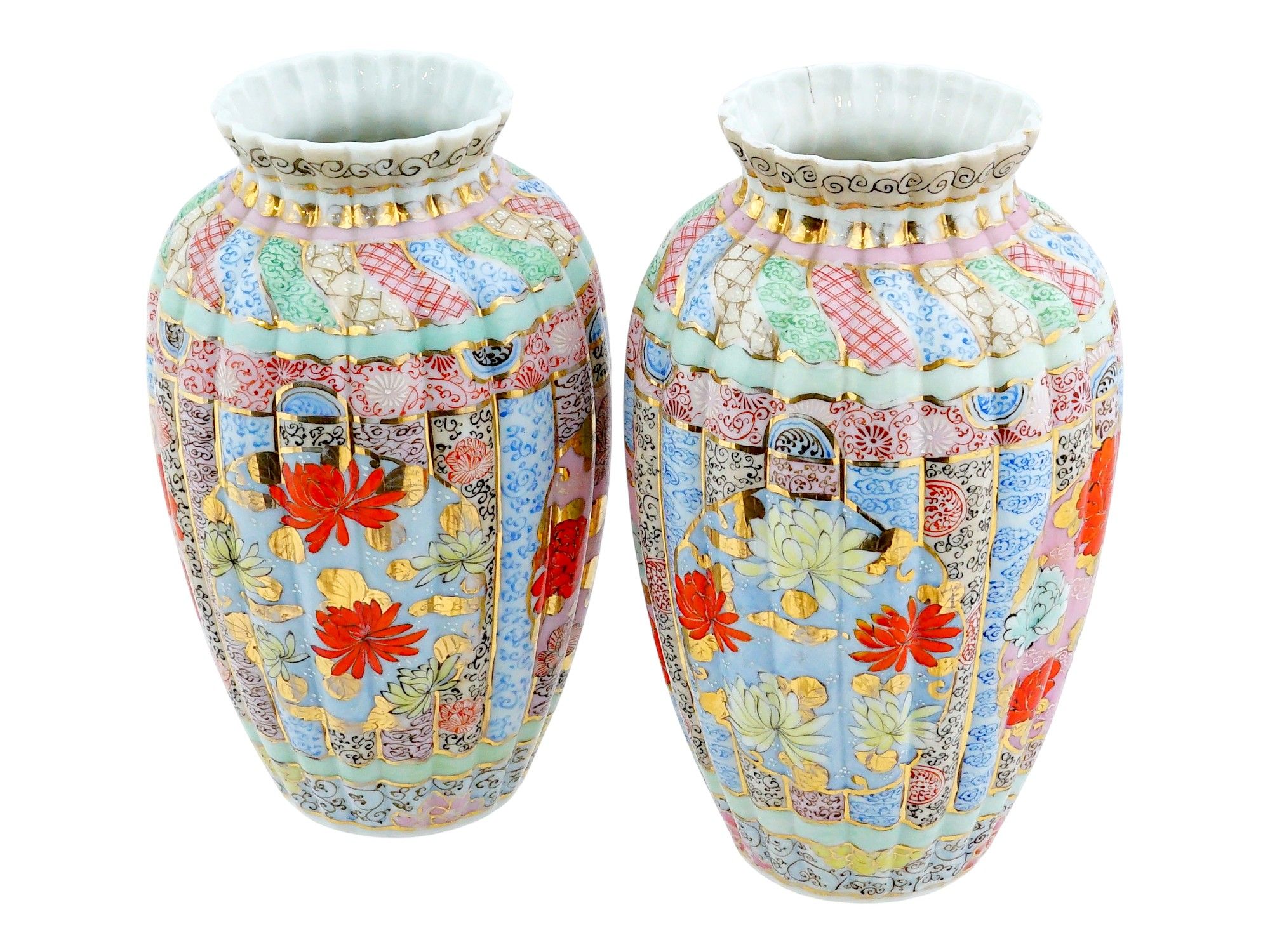 PAIR OF JAPANESE LOBED ENAMEL PORCELAIN VASES SIGNED PIC-1