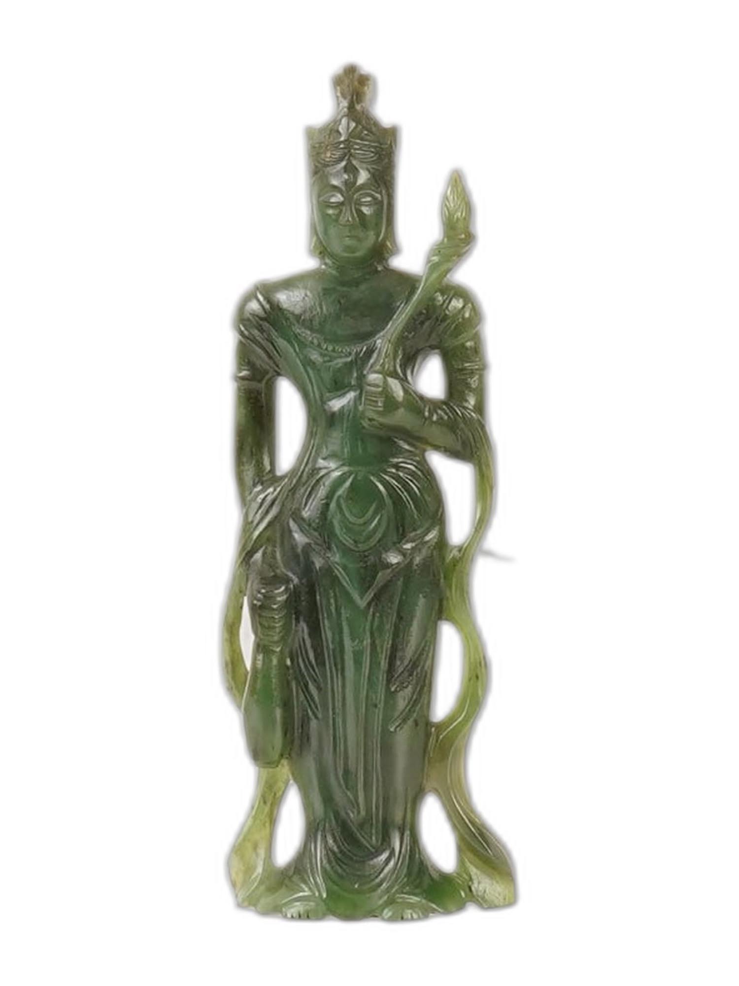 CHINESE BUDDHIST CARVED GREEN JADE FEMALE FIGURINE PIC-