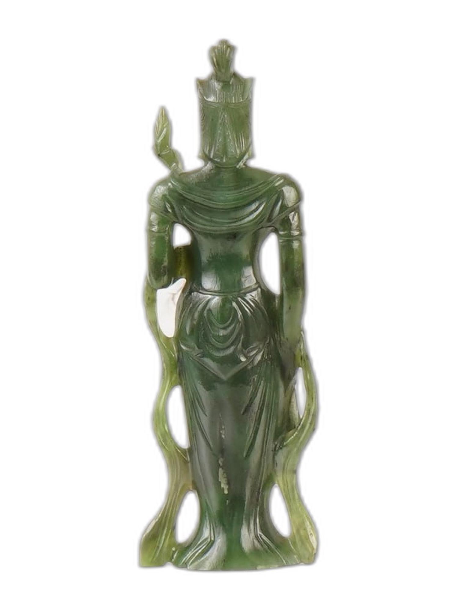 CHINESE BUDDHIST CARVED GREEN JADE FEMALE FIGURINE PIC-2
