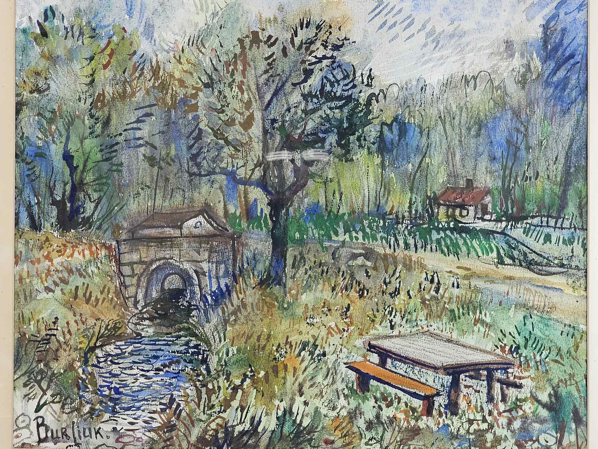 ATTR TO DAVID BURLIUK RUSSIAN WATERCOLOR PAINTING PIC-1