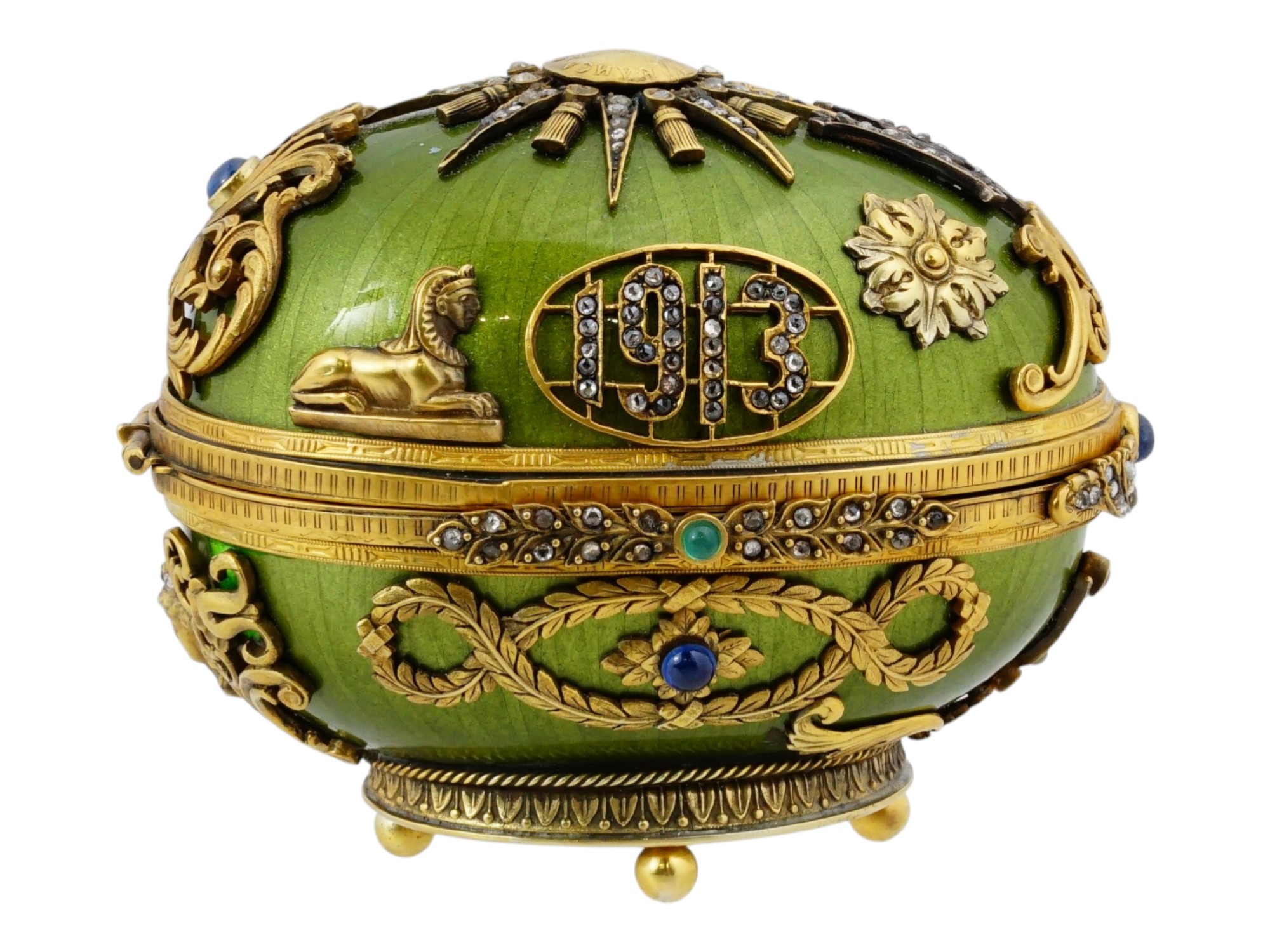 RUSSIAN EGG SHAPED SILVER ENAMEL BOX W MOUSE AND GEMS PIC-6