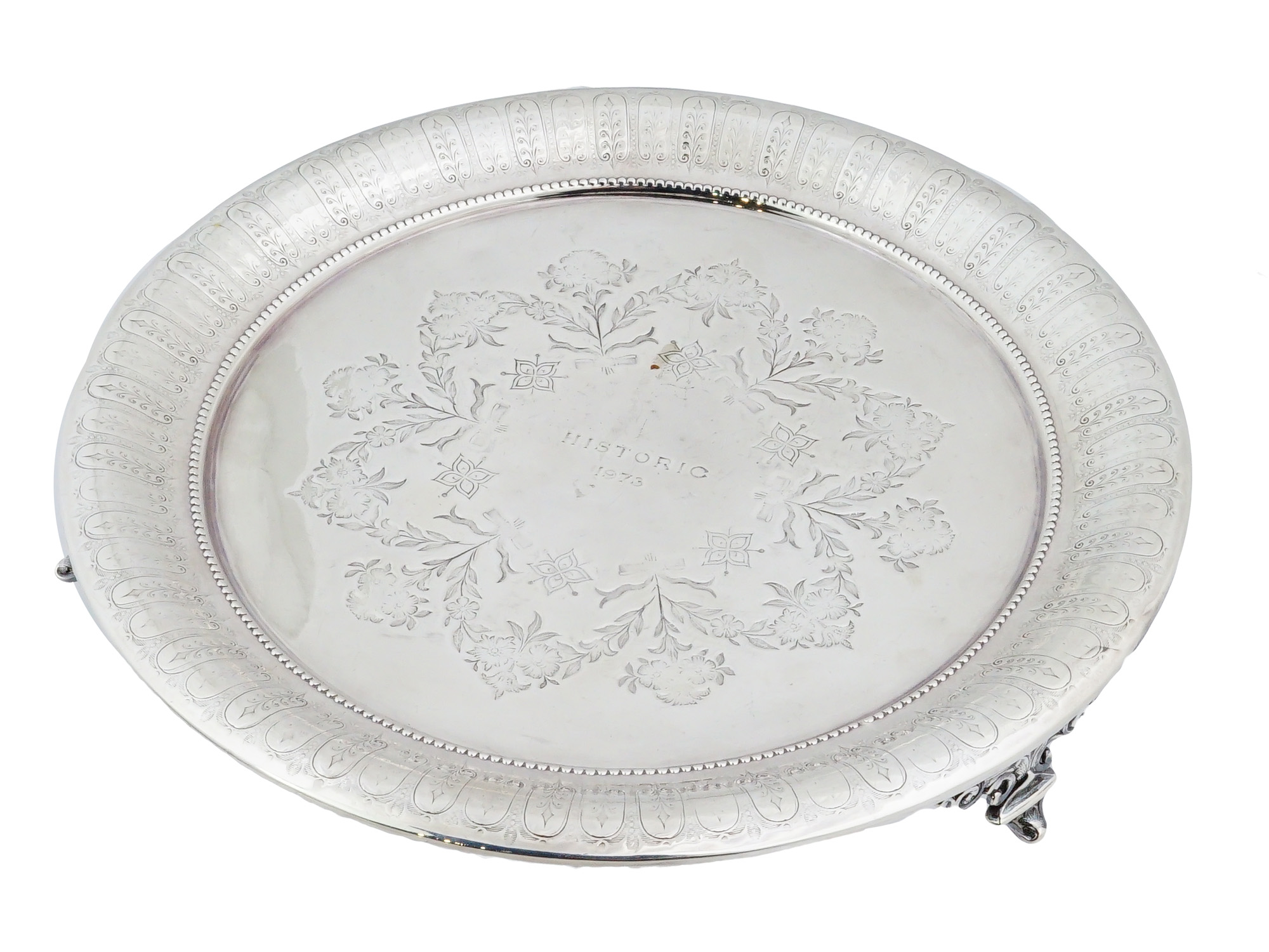 VINTAGE FOOTED SILVER PLATED COMMEMORATIVE TRAY PIC-