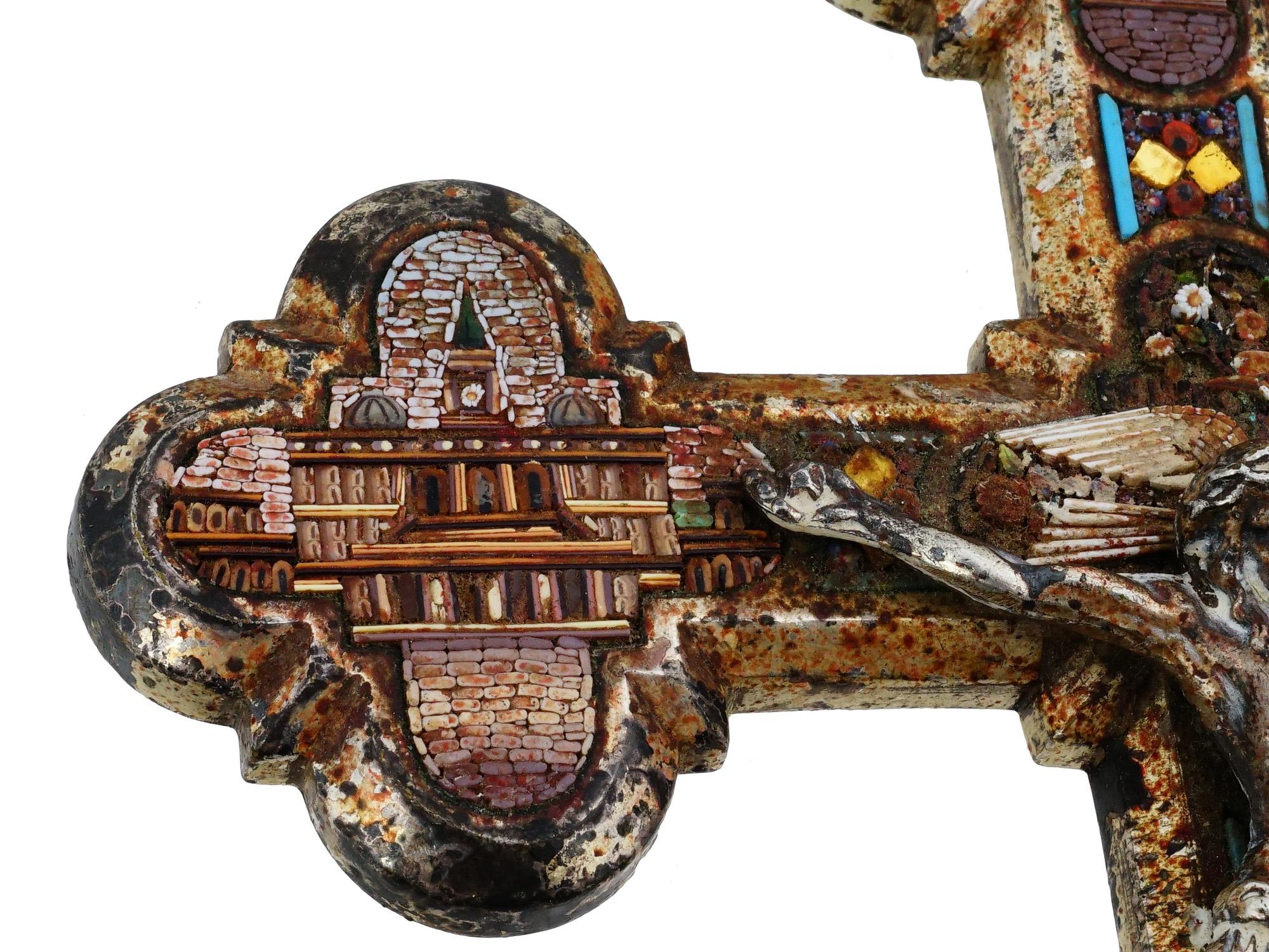 ANTIQUE ITALIAN SILVER PLATED CROSS W MICRO MOSAICS PIC-8