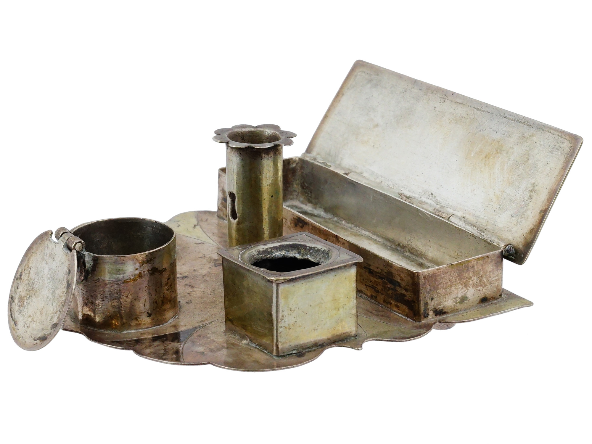 ANTIQUE SILVER INKSTAND WITH MULTIPLE COMPARTMENTS PIC-1