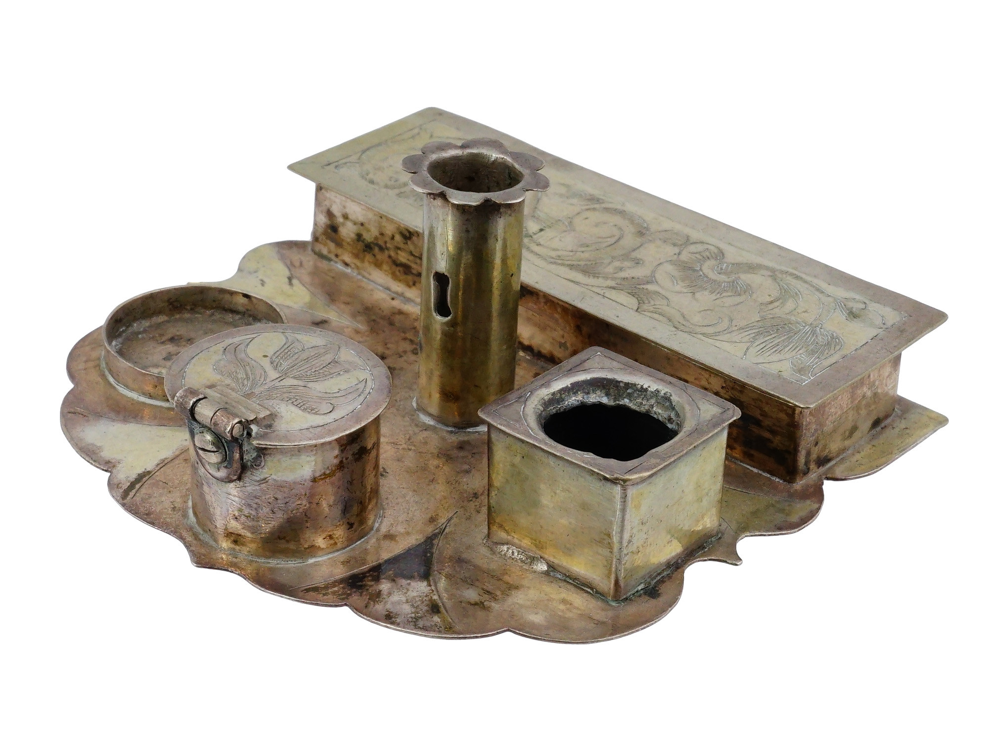 ANTIQUE SILVER INKSTAND WITH MULTIPLE COMPARTMENTS PIC-