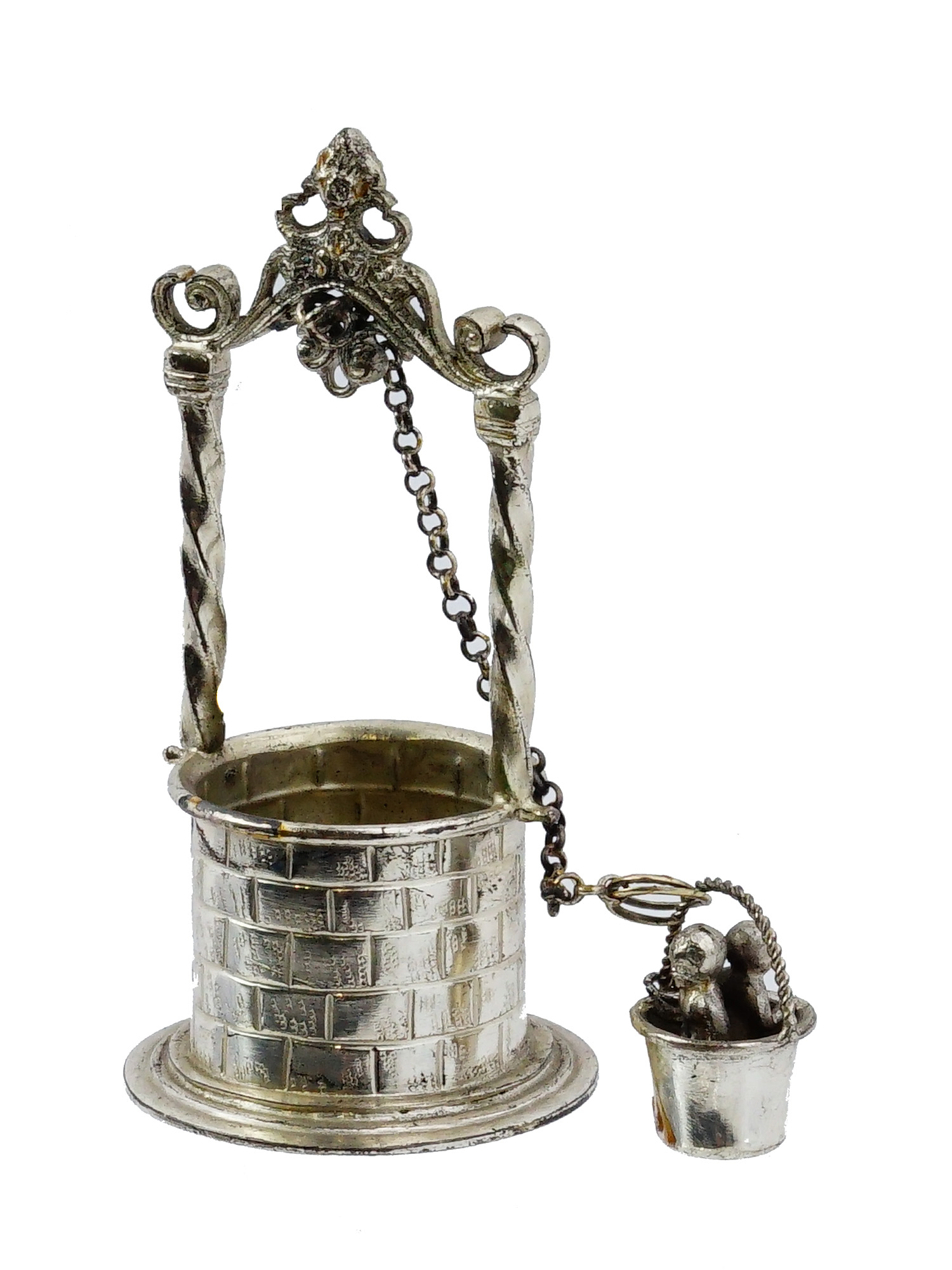ANTIQUE MINIATURE SILVER WISHING WELL CHILDREN BUCKET PIC-1