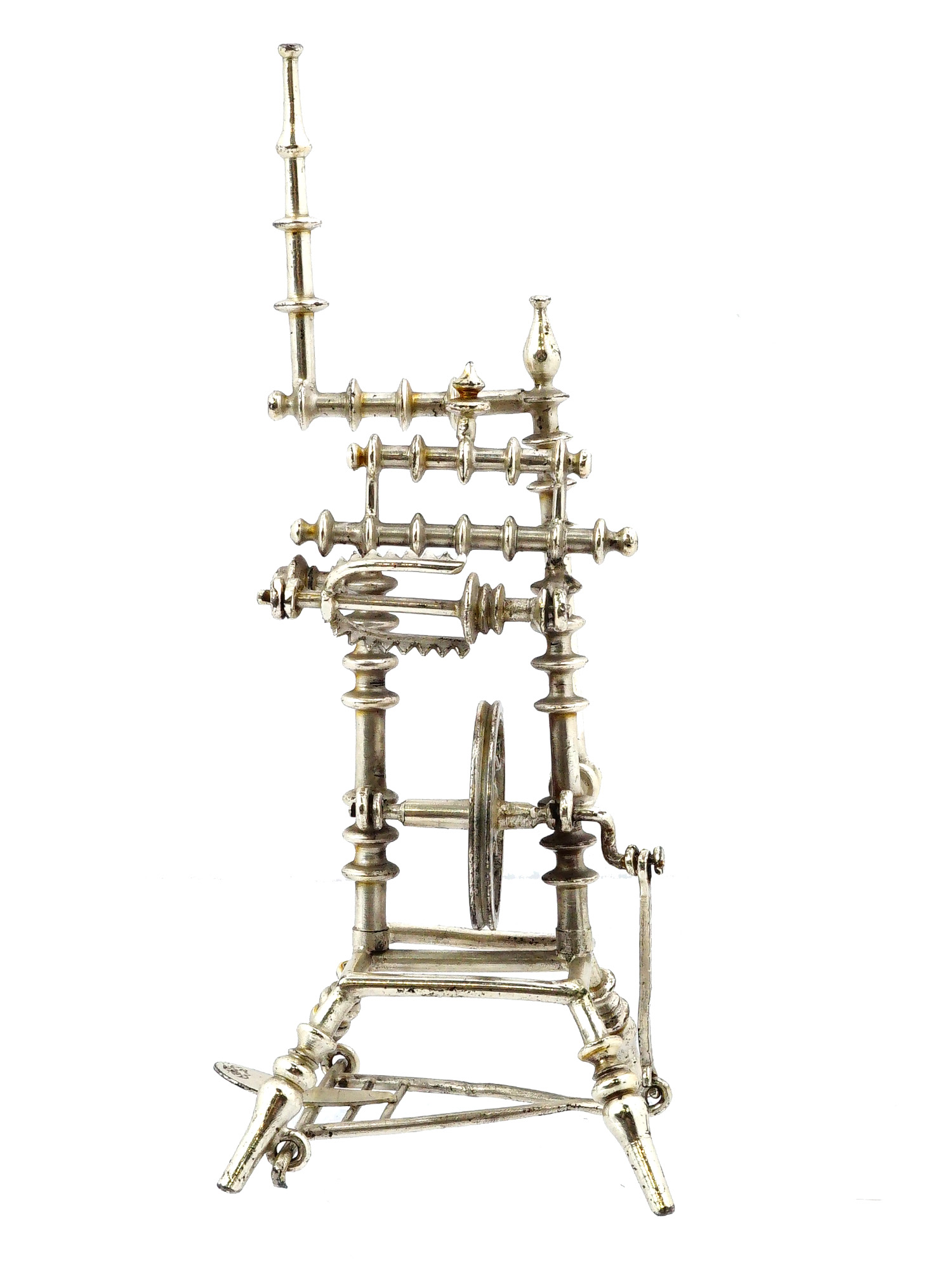 MINIATURE VINTAGE SILVER SPINNING WHEEL PIC-3