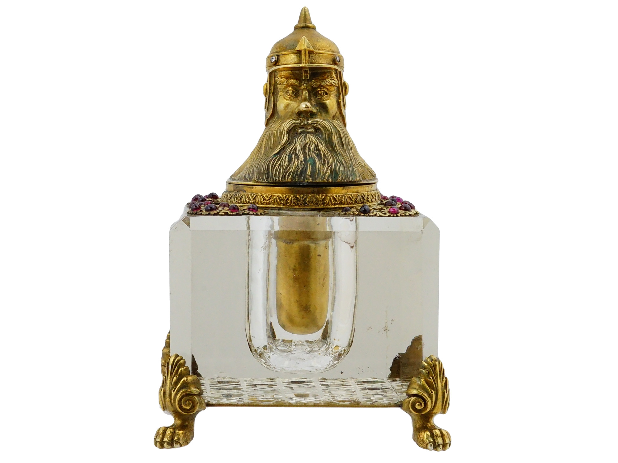 RUSSIAN GILT SILVER CUT CRYSTAL INKWELL W GARNETS PIC-1