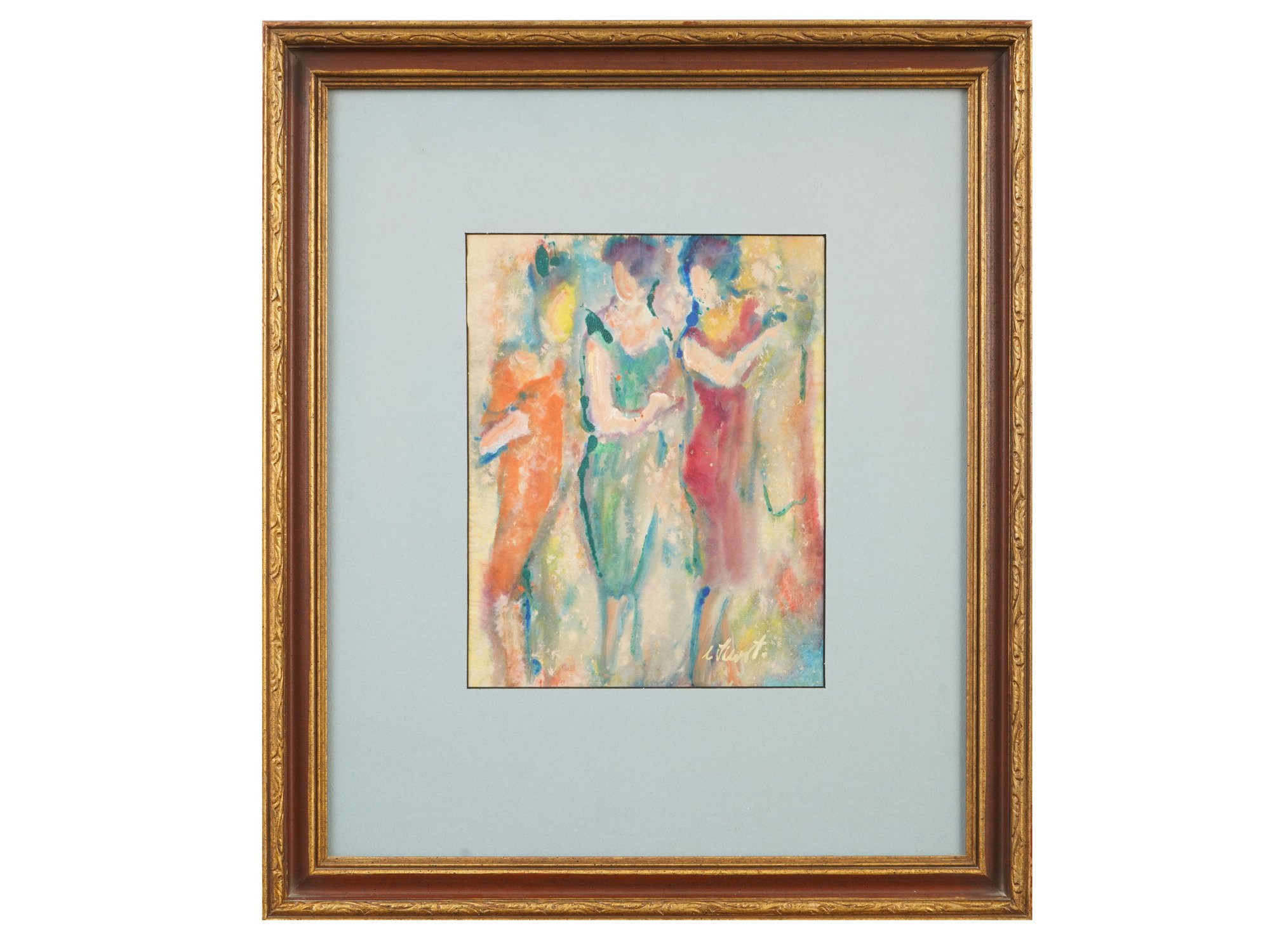 EXPRESSIONIST THREE FEMALE WATERCOLOR PAINTING SIGNED PIC-