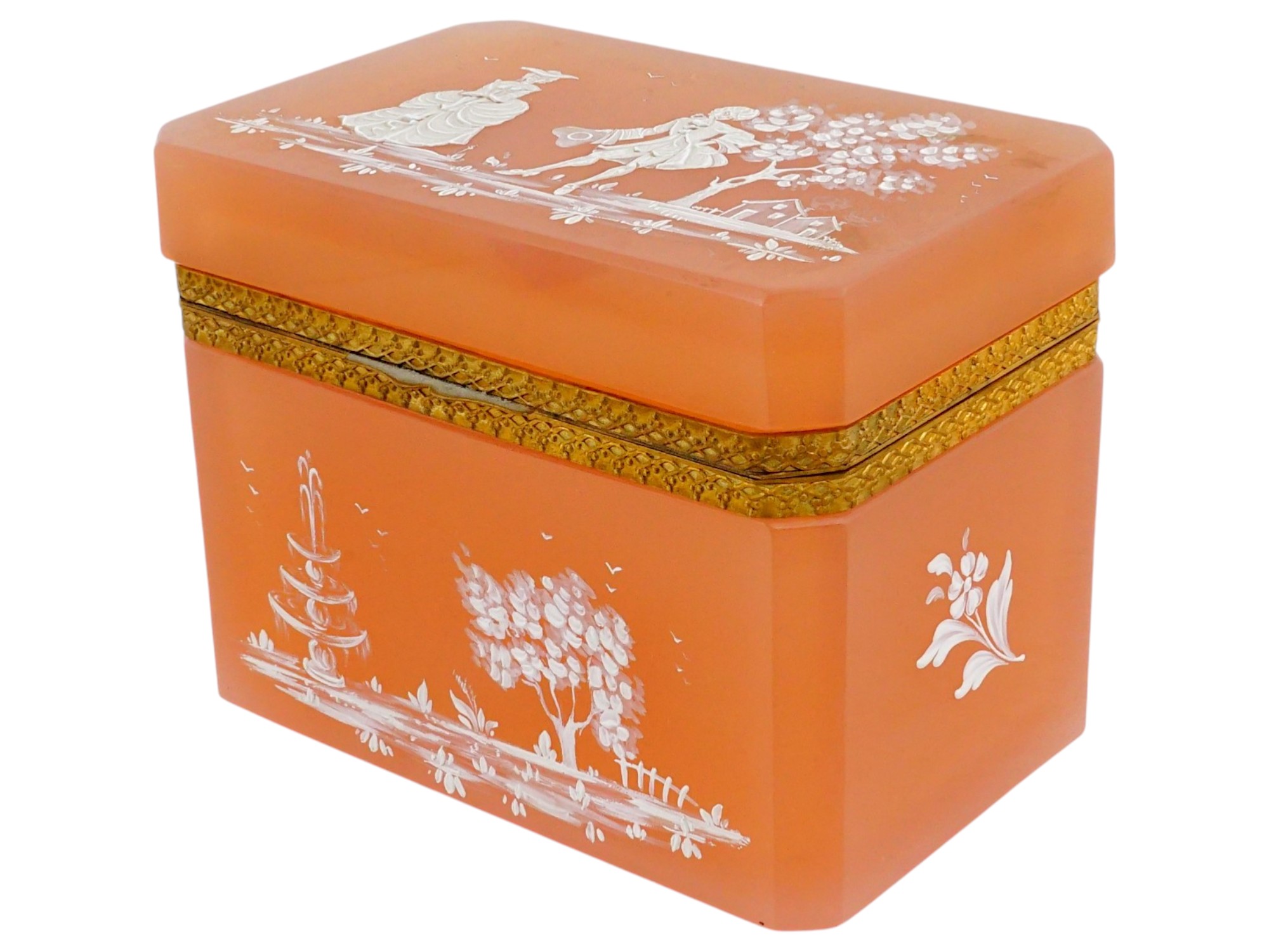 BOHEMIAN HAND PAINTED SCENE ORANGE OPALINE GLASS BOX PIC-