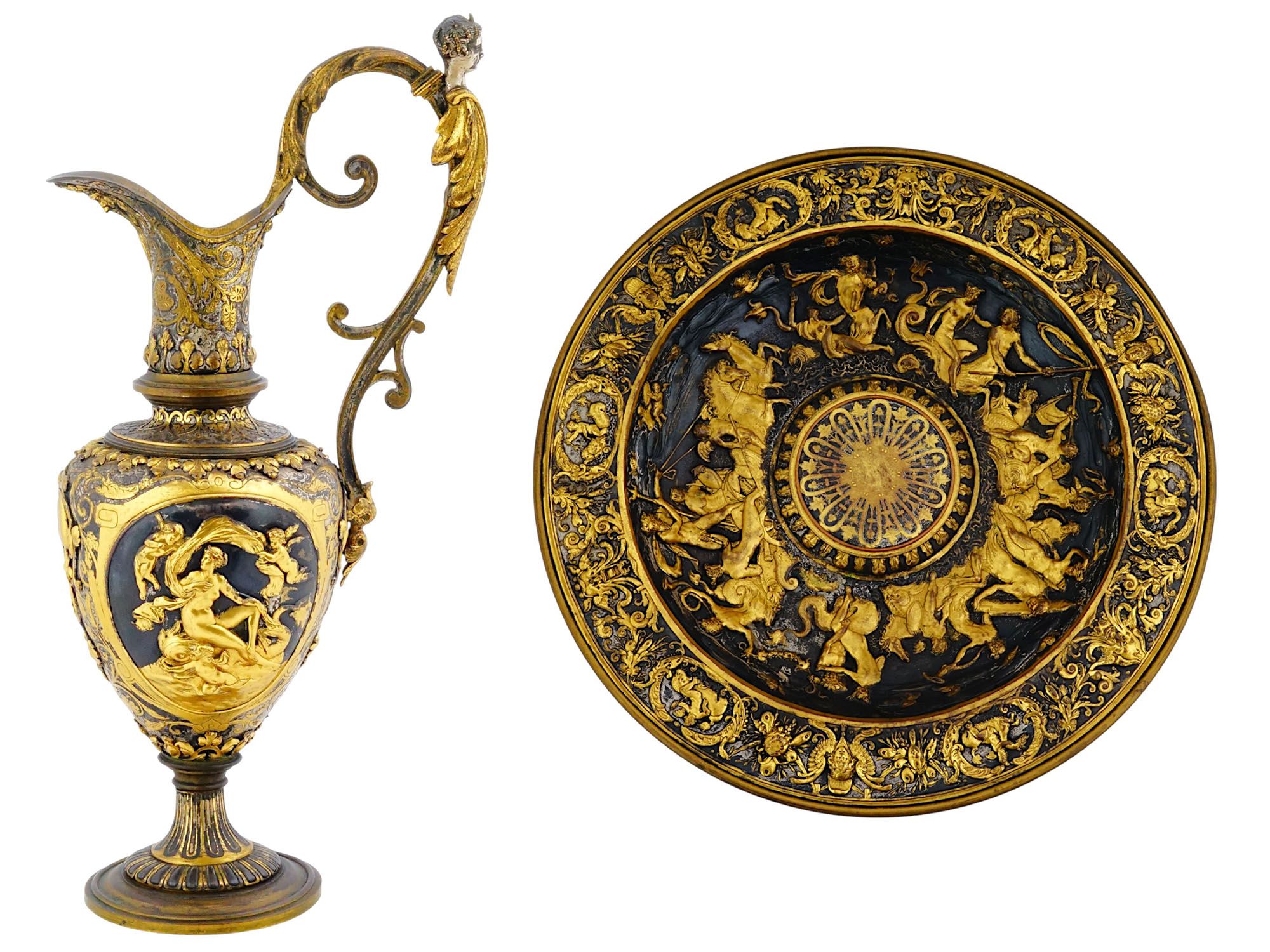 ANTIQUE 19TH C FRENCH RELIEF GILD BRONZE BASIN AND EWER PIC-