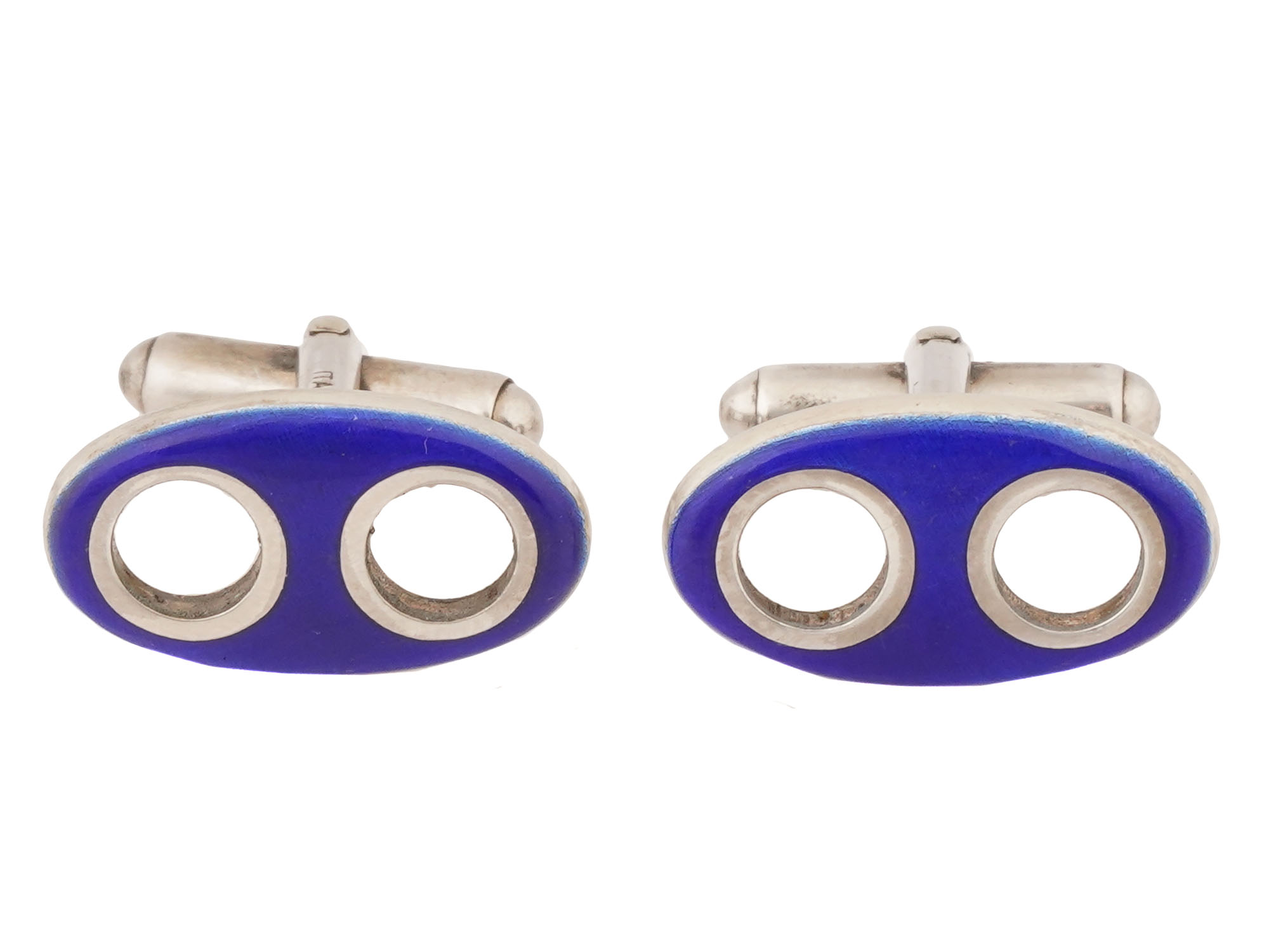 VTG ITALIAN STERLING SILVER AND BLUE ENAMEL CUFFLINKS PIC-1