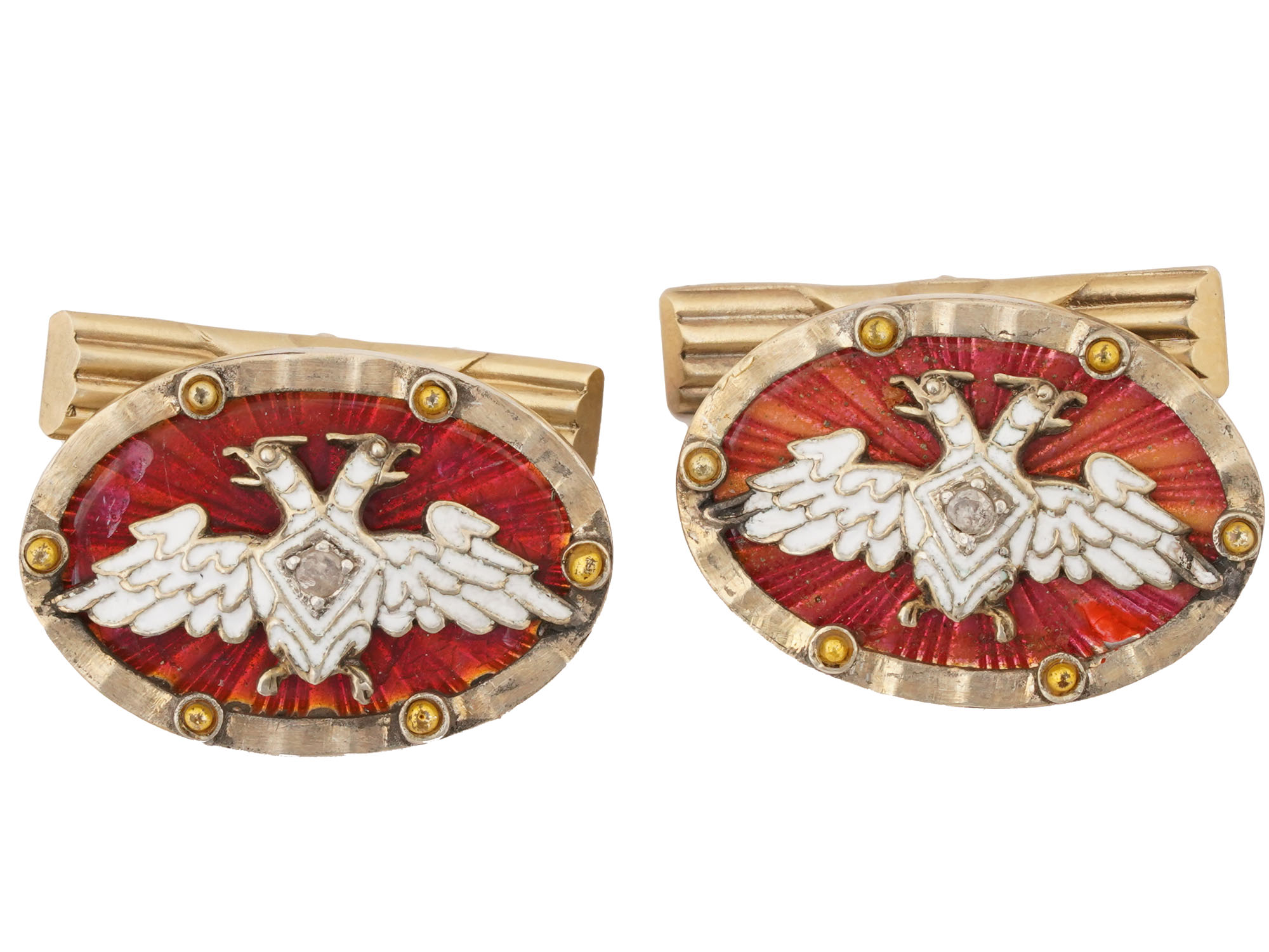 RUSSIAN GILT SILVER ENAMEL CUFFLINKS WITH DIAMONDS PIC-