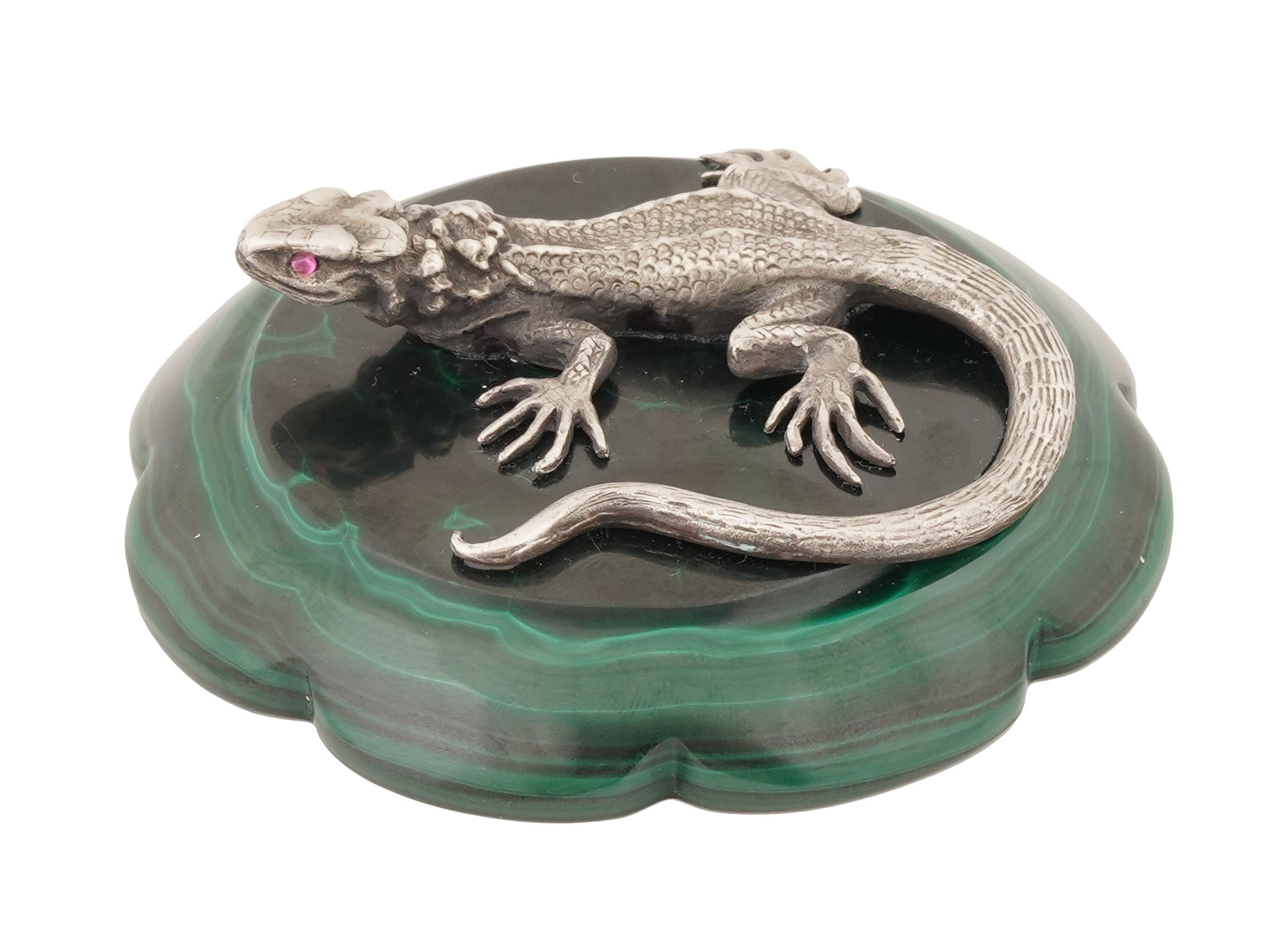 RUSSIAN SILVER LIZARD FIGURINE W RUBIES MALACHITE BASE PIC-1
