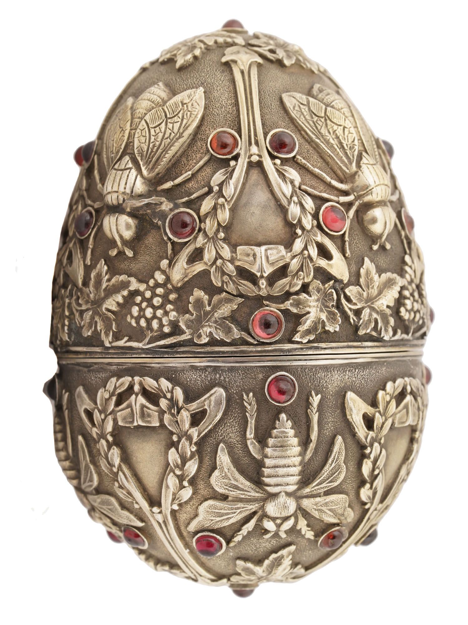 LARGE RUSSIAN SILVER FLY EASTER EGG WITH GEMSTONES PIC-1