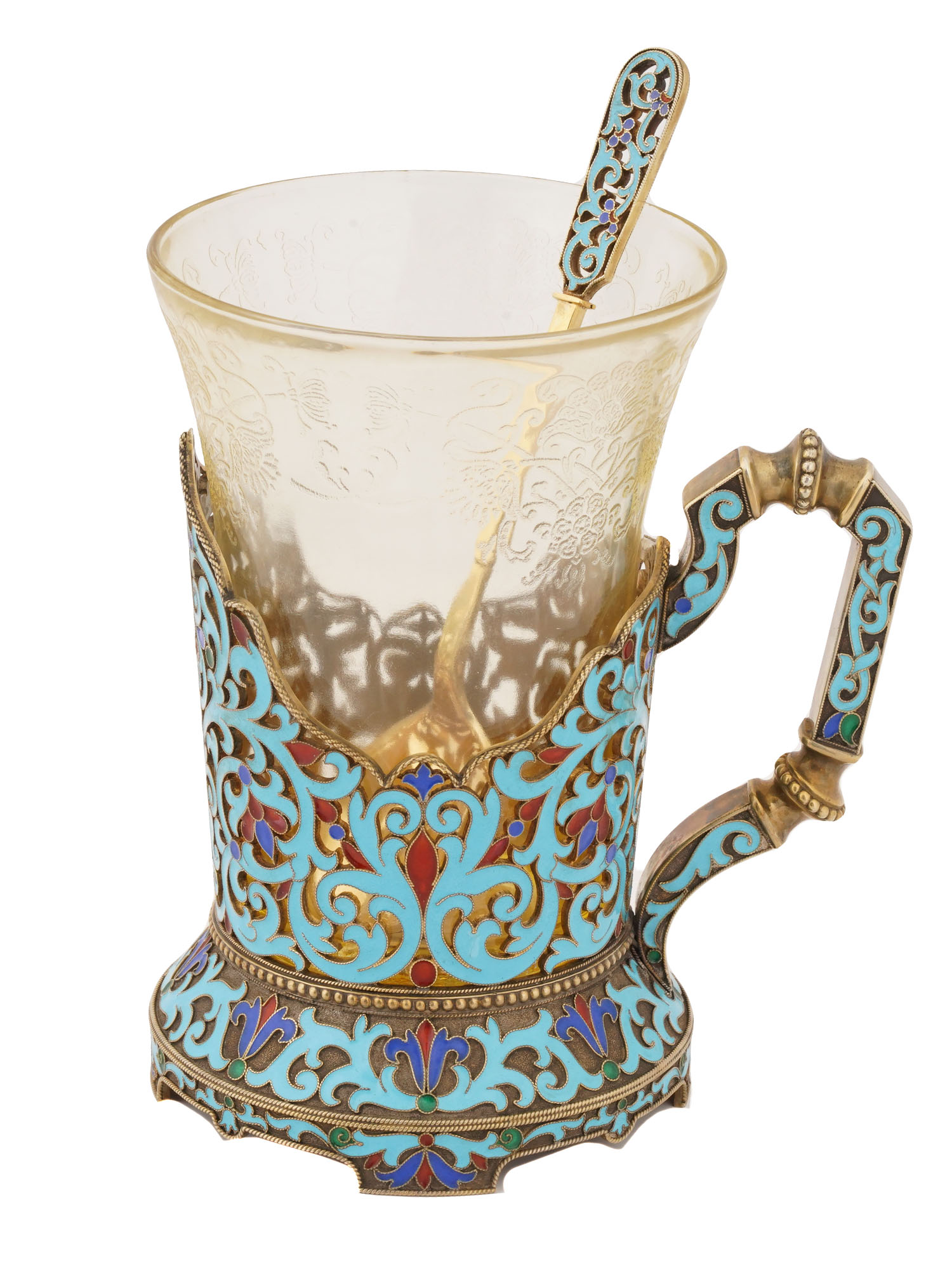 RUSSIAN SILVER ENAMEL TEA GLASS HOLDER W GLASS AND SPOON PIC-