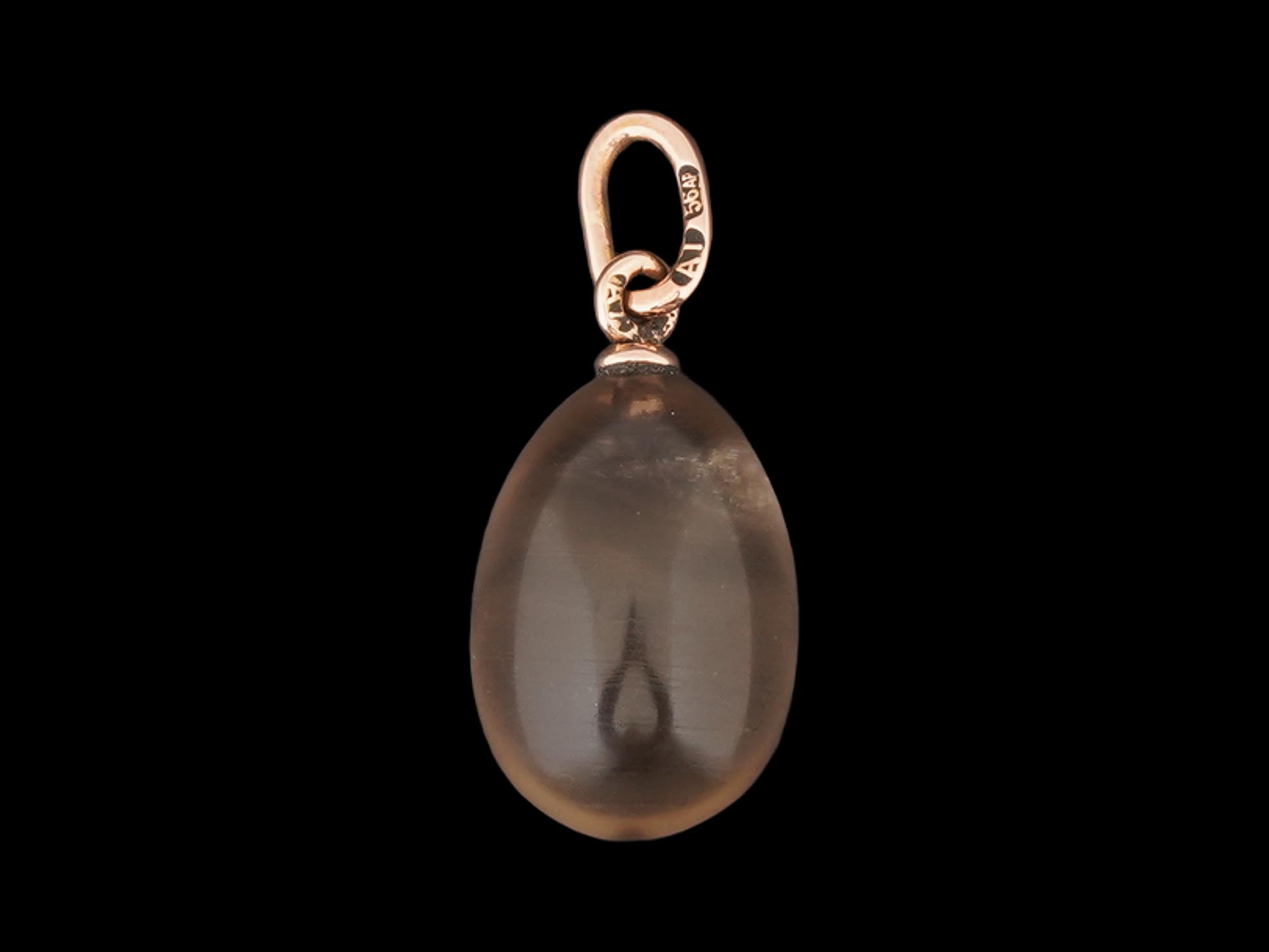 RUSSIAN GOLD CARVED SMOKEY QUARTZ EASTER EGG PENDANT PIC-2