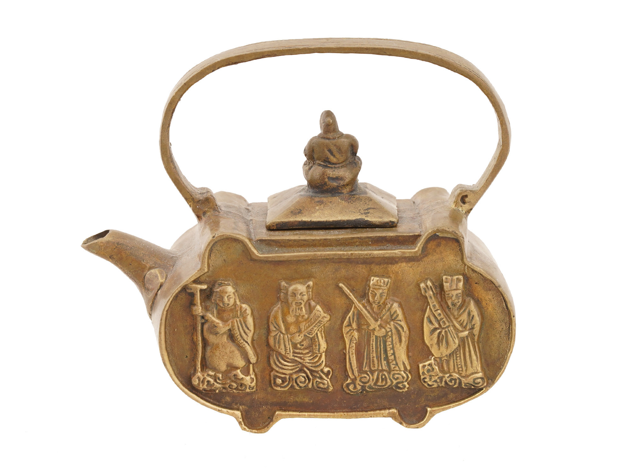 CHINESE EIGHT IMMORTALS BA XIAN ENGRAVED BRASS TEAPOT PIC-
